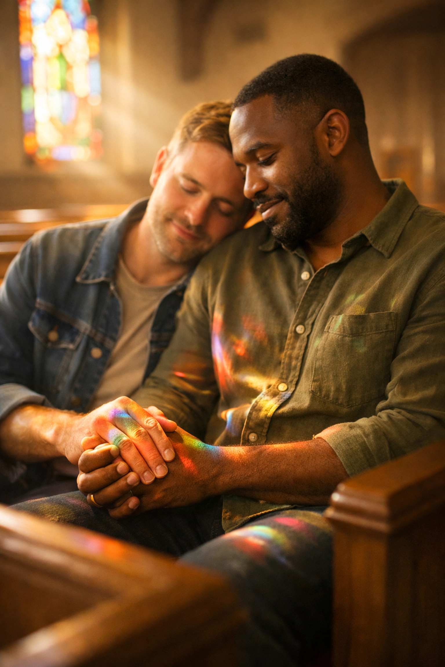 Gay couple holding hands in church pew with stained glass light creating welcoming atmosphere