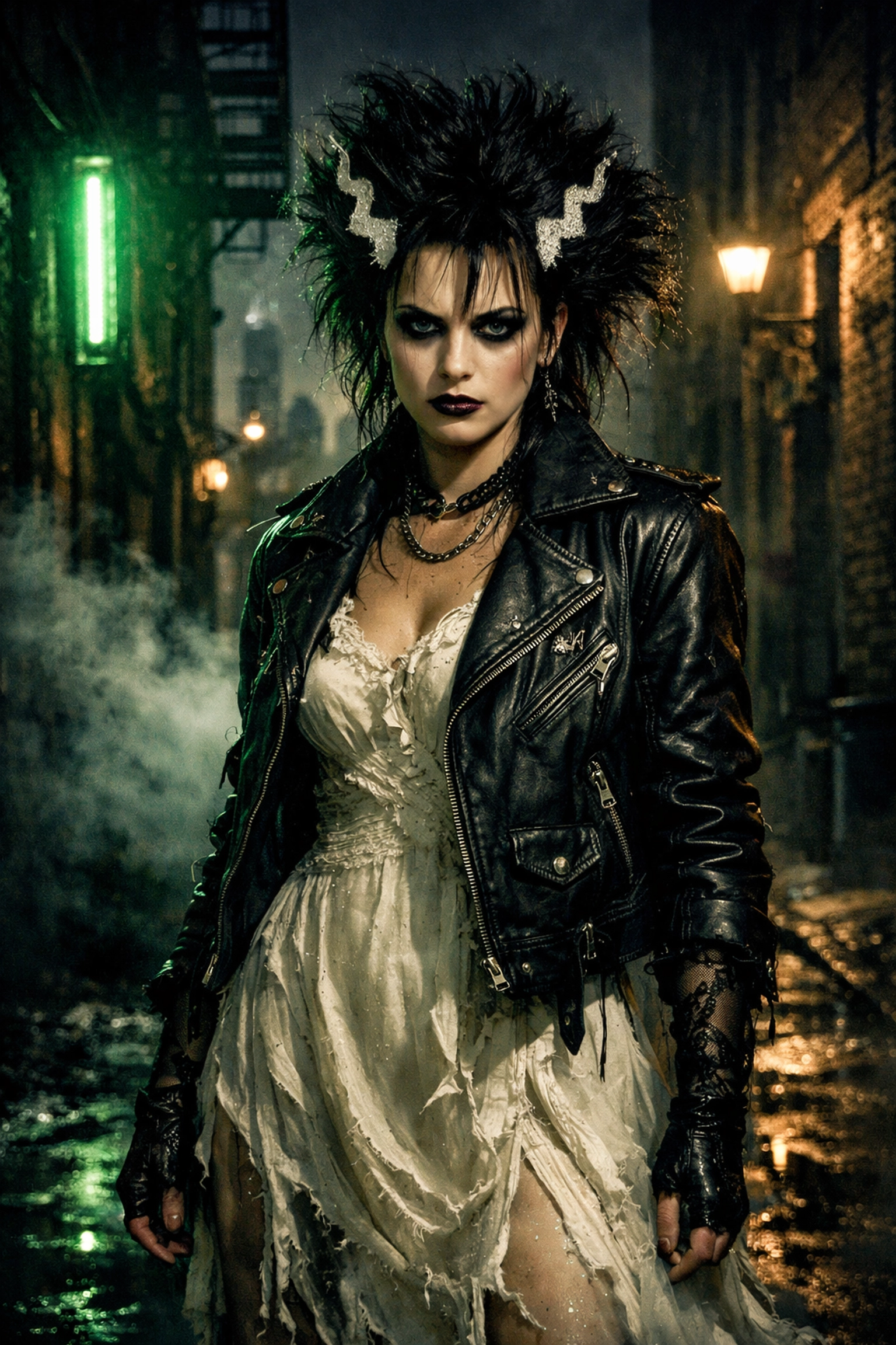 Punk-gothic woman in a misty alley, reflecting the dark aesthetic of The Bride movie.