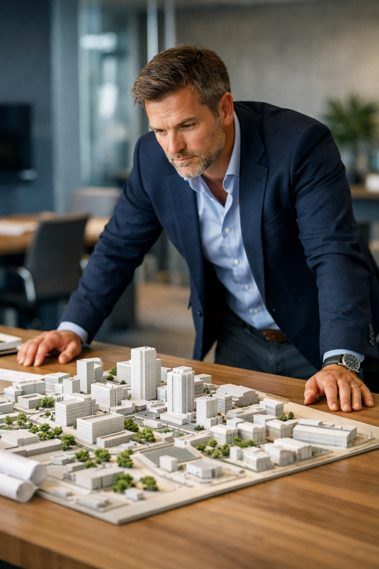 A development manager reviewing a scale model to prevent planning gaps in construction project management services.