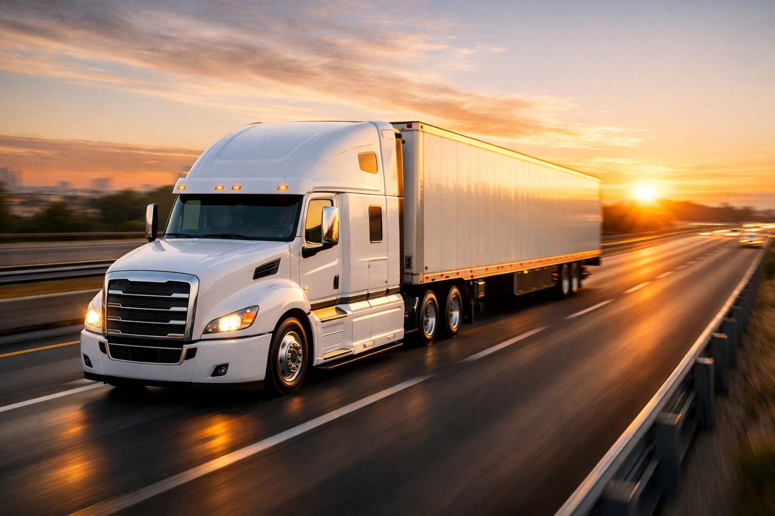Reliable white freight truck moving on a highway at sunrise representing efficient transportation services.