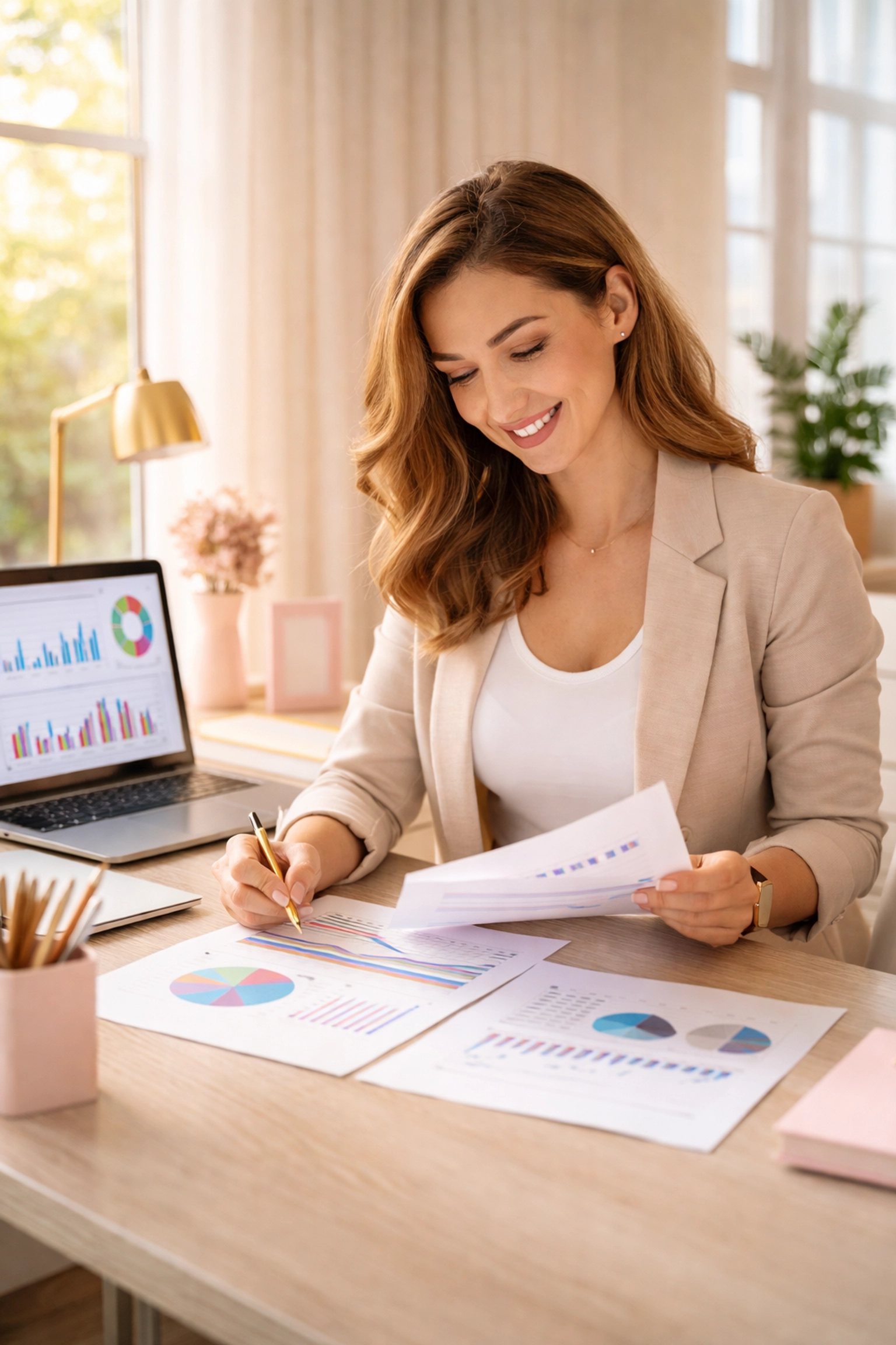 Confident woman analyzing social media analytics and reports at desk, showcasing data-driven management