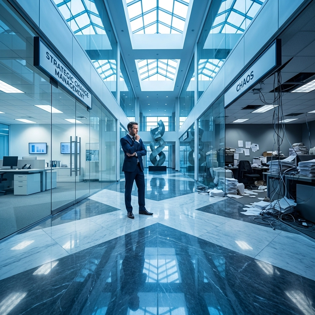 Business executive in modern lobby deciding between order and chaos, representing change management strategy.