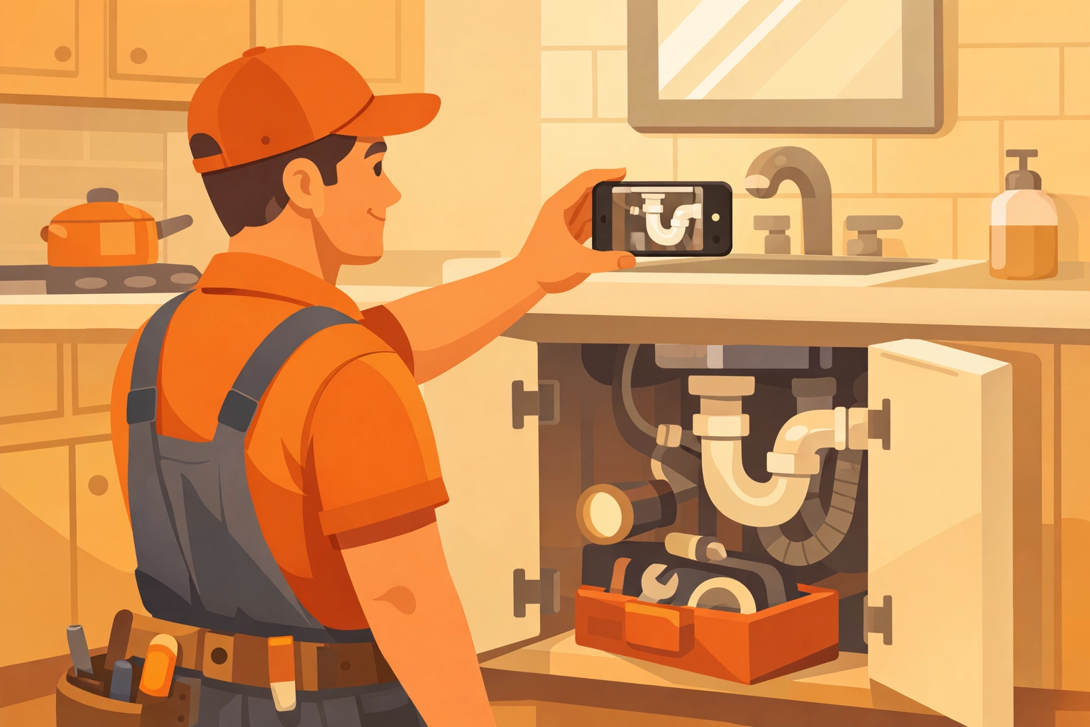 Contractor using smartphone to photograph plumbing work at job site