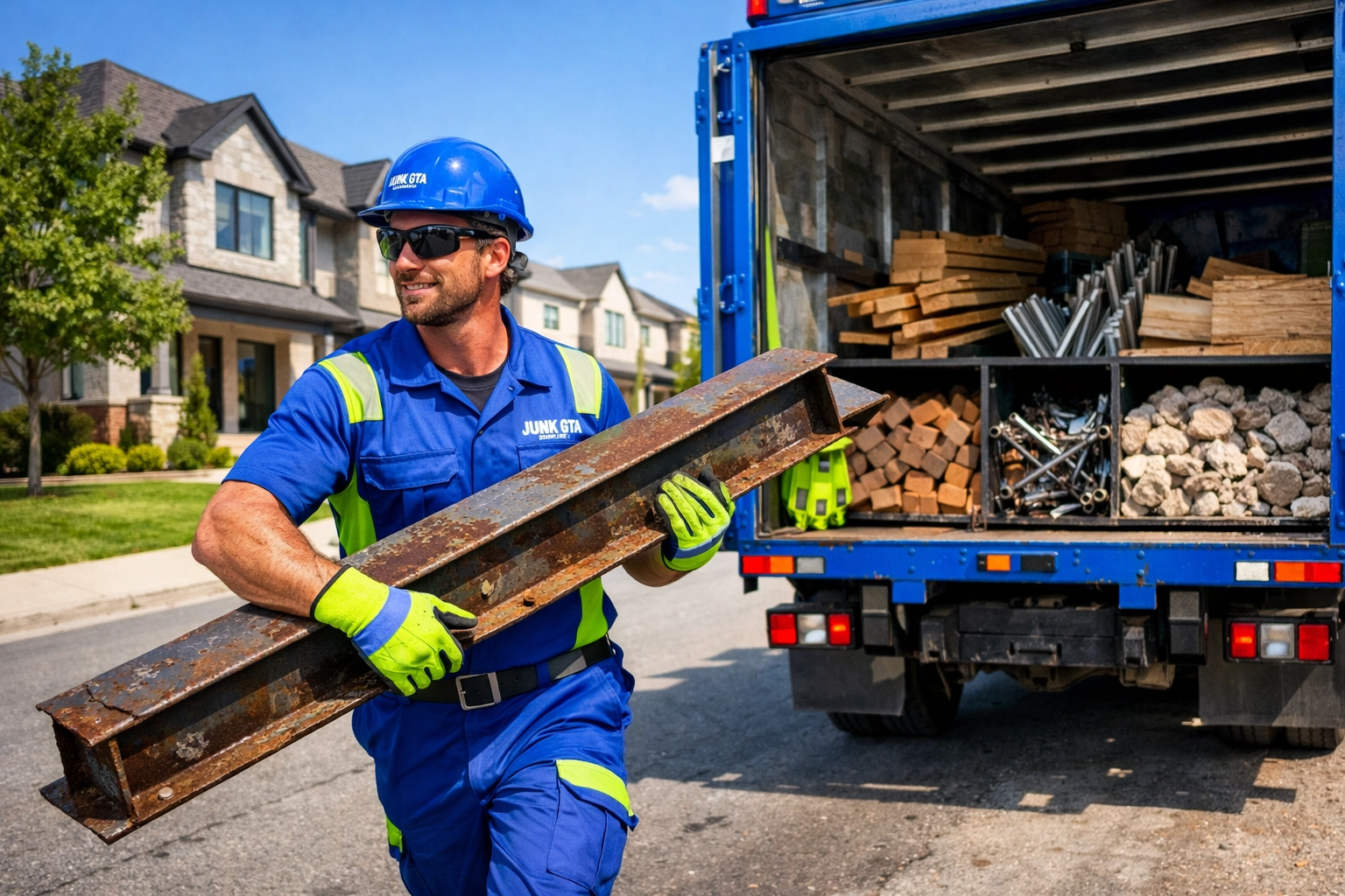 Junk GTA crew member sorting scrap metal for recycling during a North York renovation cleanup