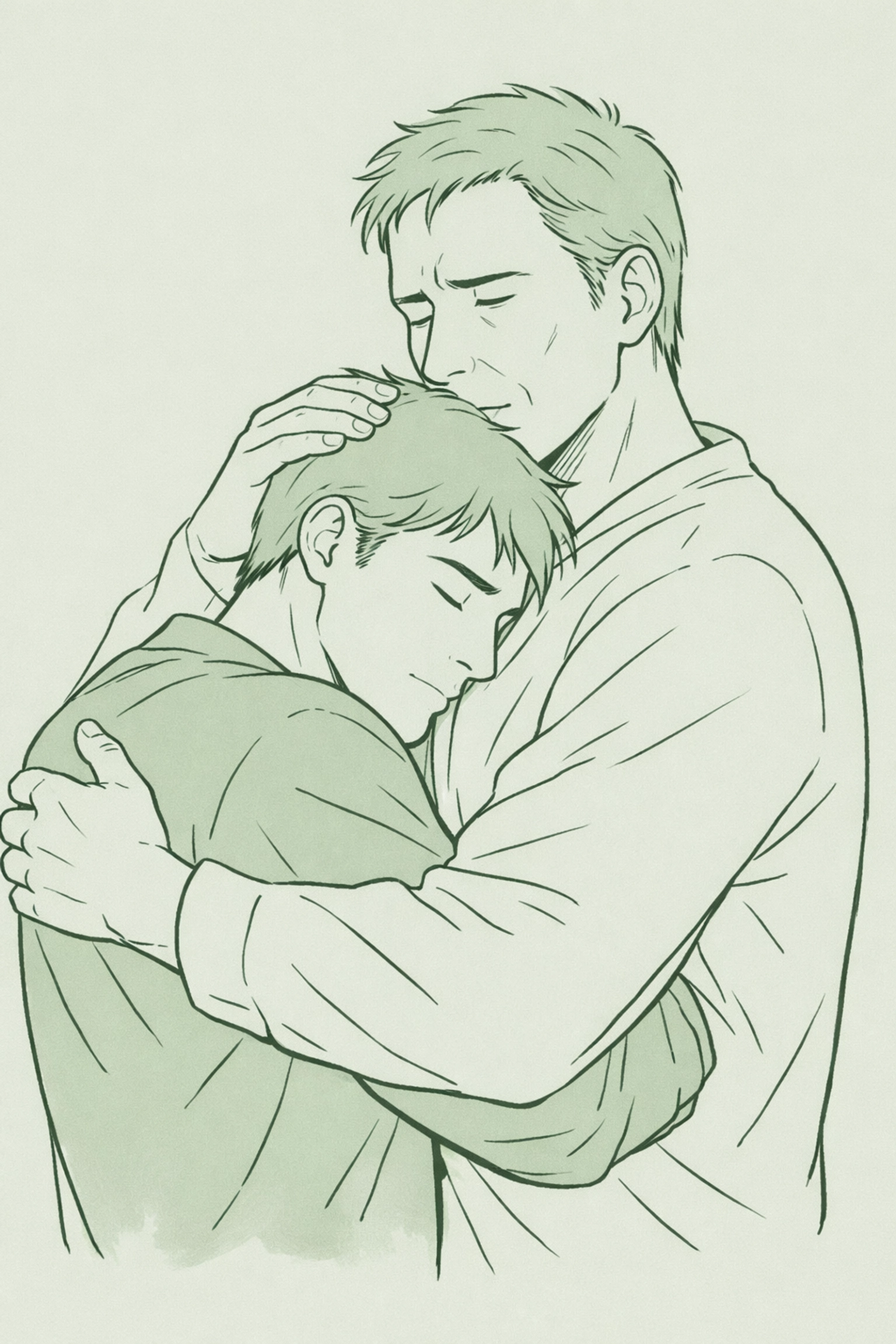 Young man embracing older step-father showing complex emotions in MM romance fiction