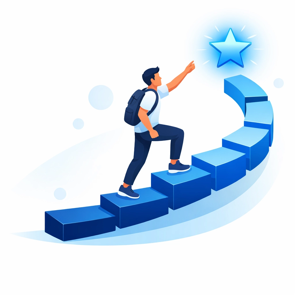 Vector illustration of a user climbing progress bar steps for gamified website onboarding.