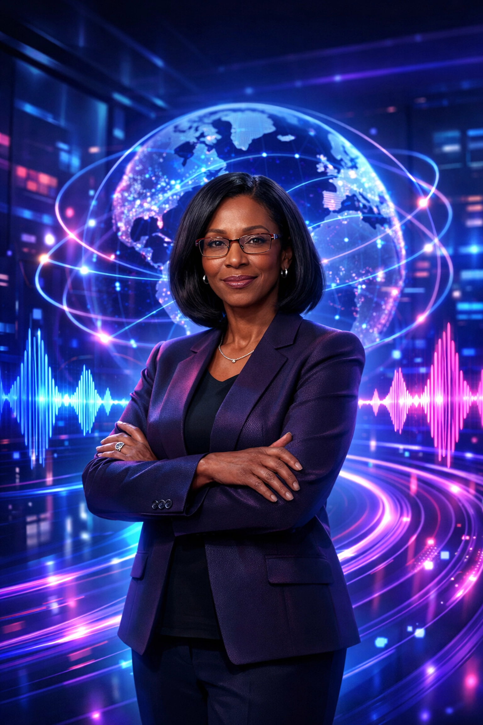 Dr. Marian Croak surrounded by digital data streams representing VoIP and global communication technology.