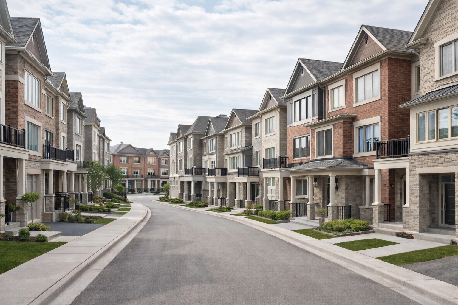 Cornell Village-inspired modern townhouses along a clean, planned residential street in Markham.