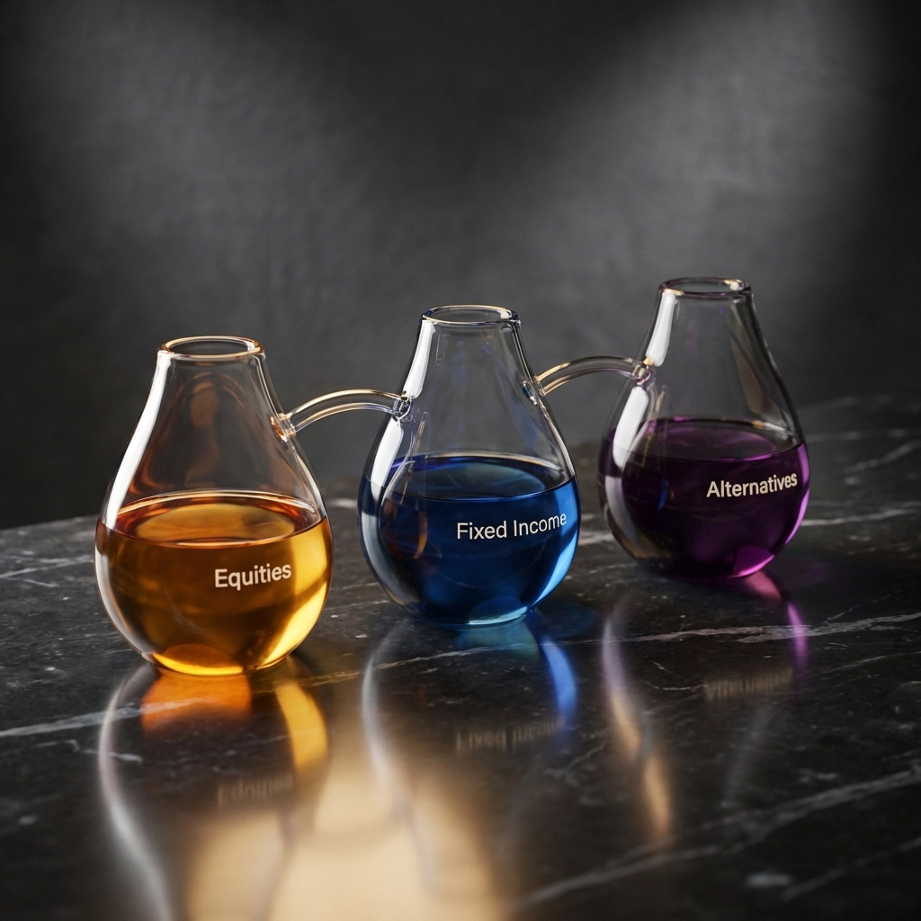 Three connected glass containers with colored liquids symbolize a diversified 40/30/30 portfolio allocation for accredited investors.