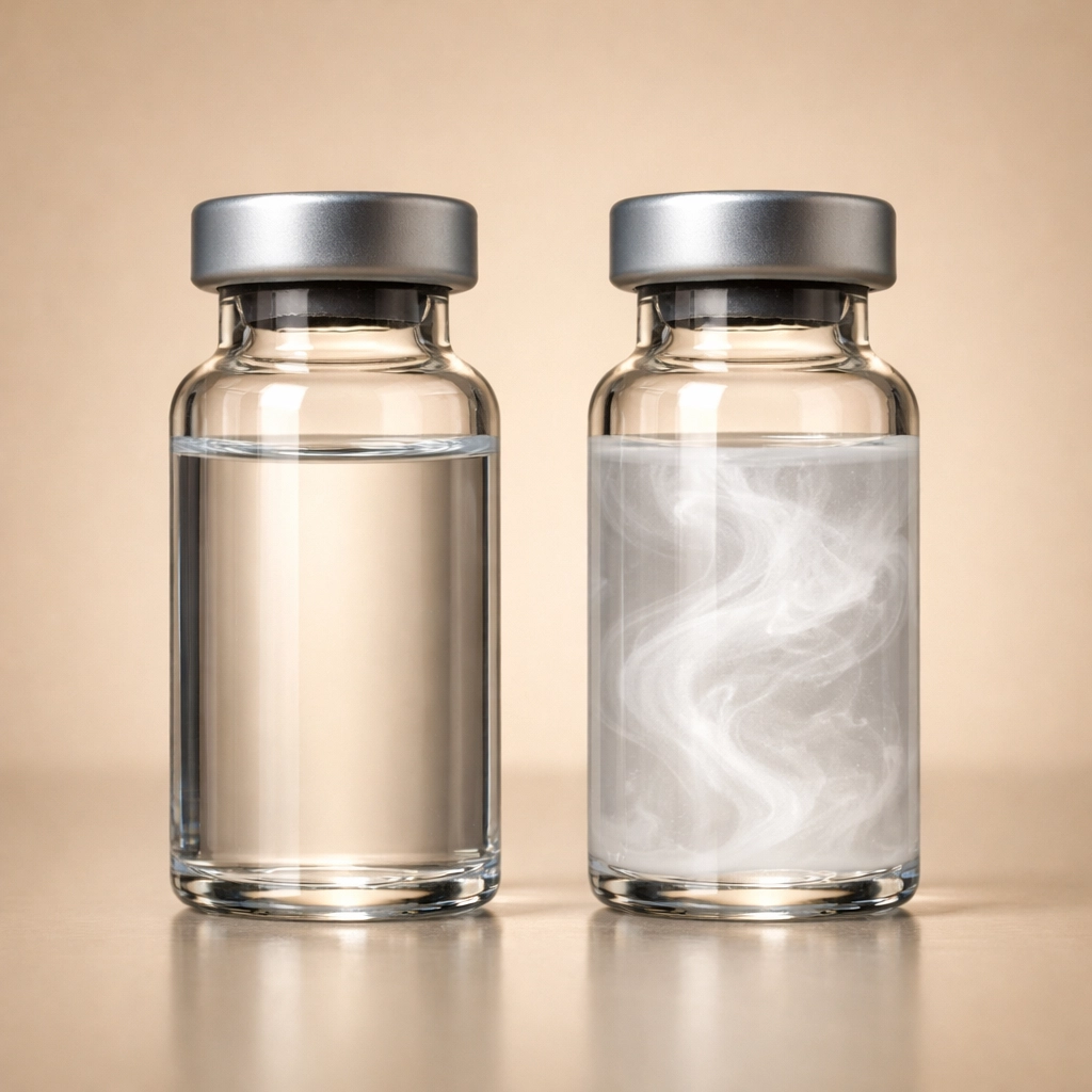 Comparison of a clear peptide solution and a cloudy vial showing precipitation from incorrect pH levels.