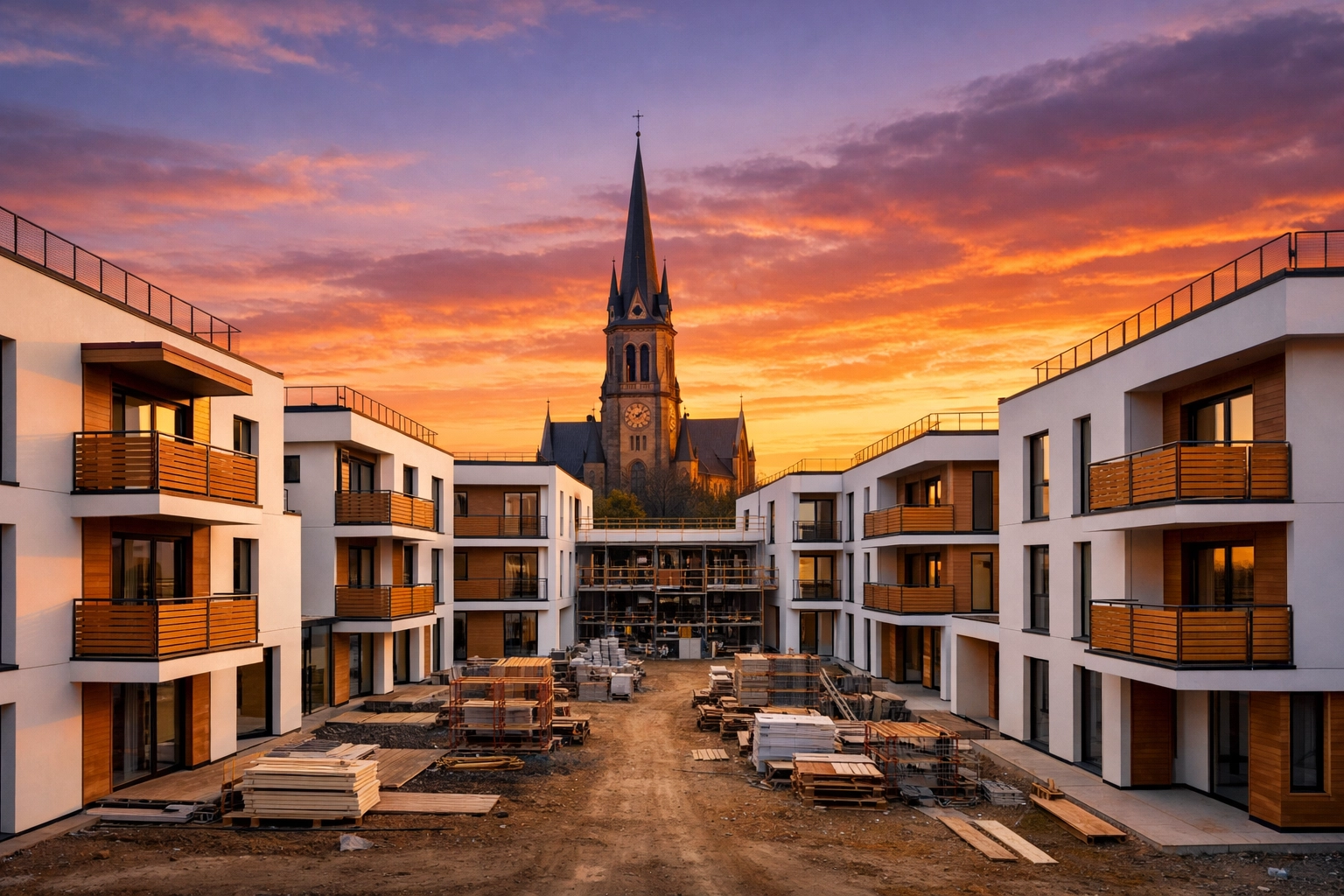 North Carolina church-led affordable housing construction site with a steeple in the background.