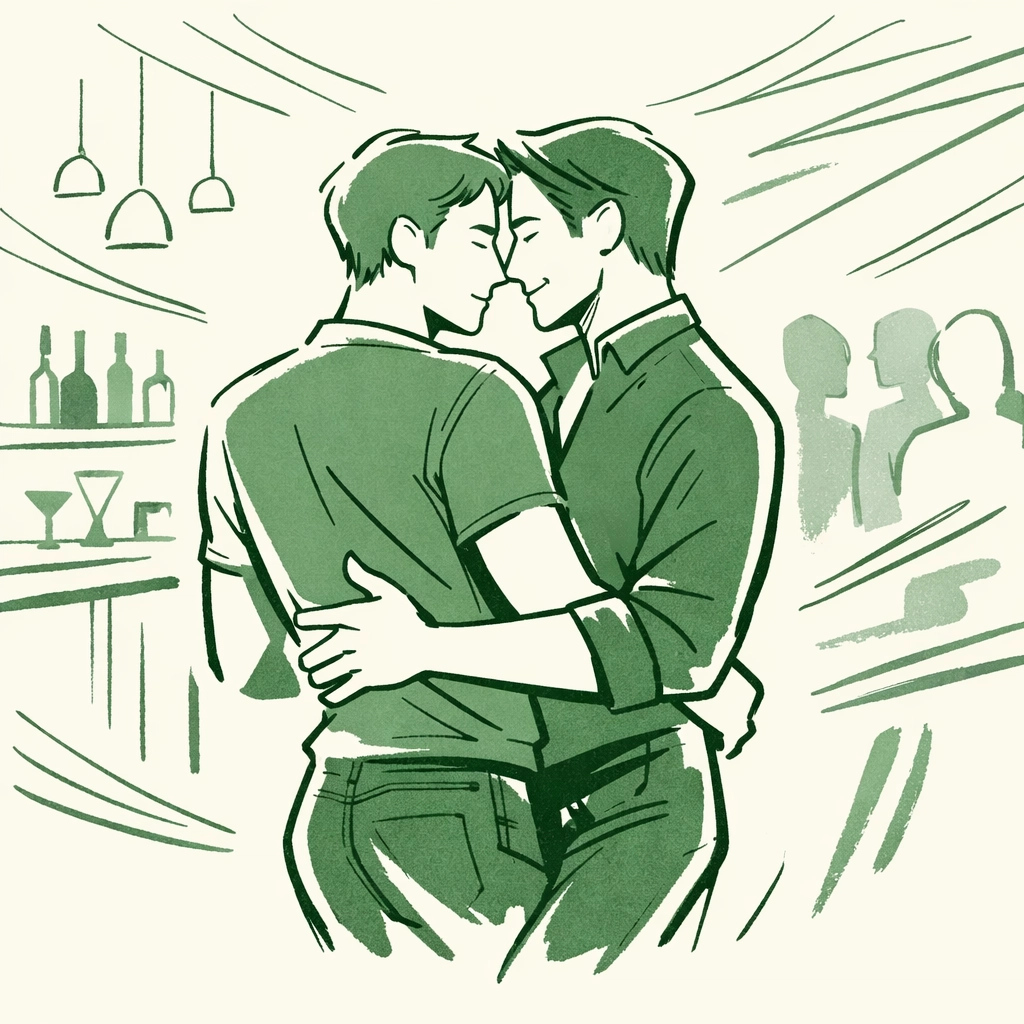 Minimalist illustration of two men dancing together in a Soho club, reflecting vibrant MM contemporary life.