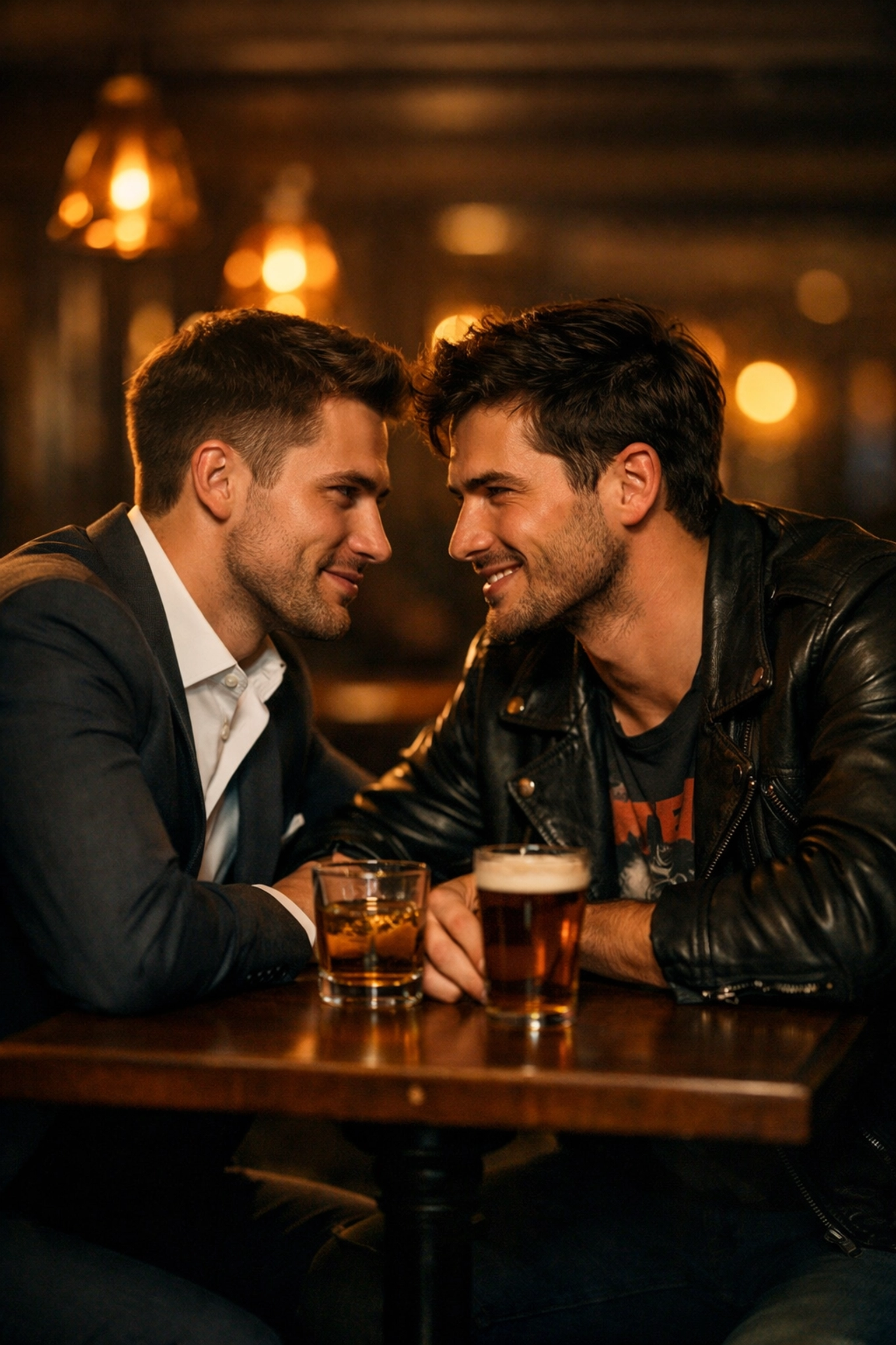 Stylish gay couple sharing intense chemistry and banter, a staple trope in popular MM romance books.