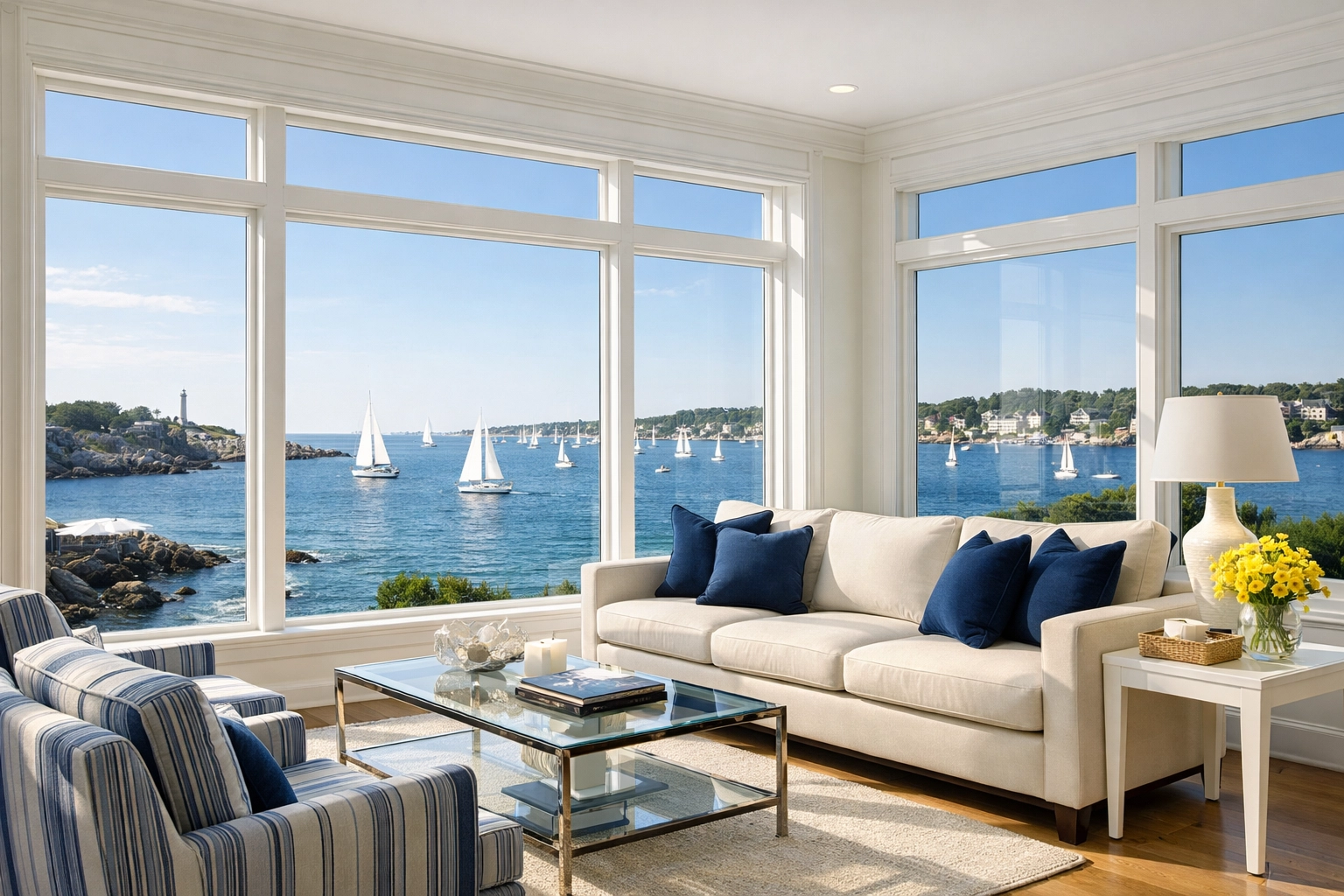 Spotless luxury coastal living room in a Marblehead estate with views of the harbor and polished floors.