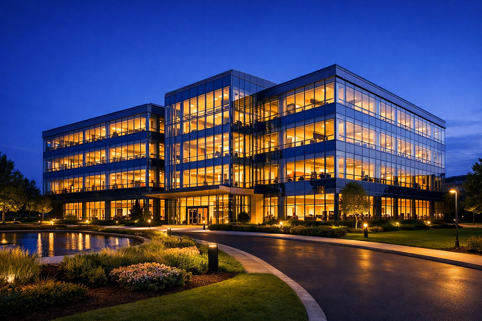 Well-maintained commercial glass building in Waltham reflecting high-end cleaning services.