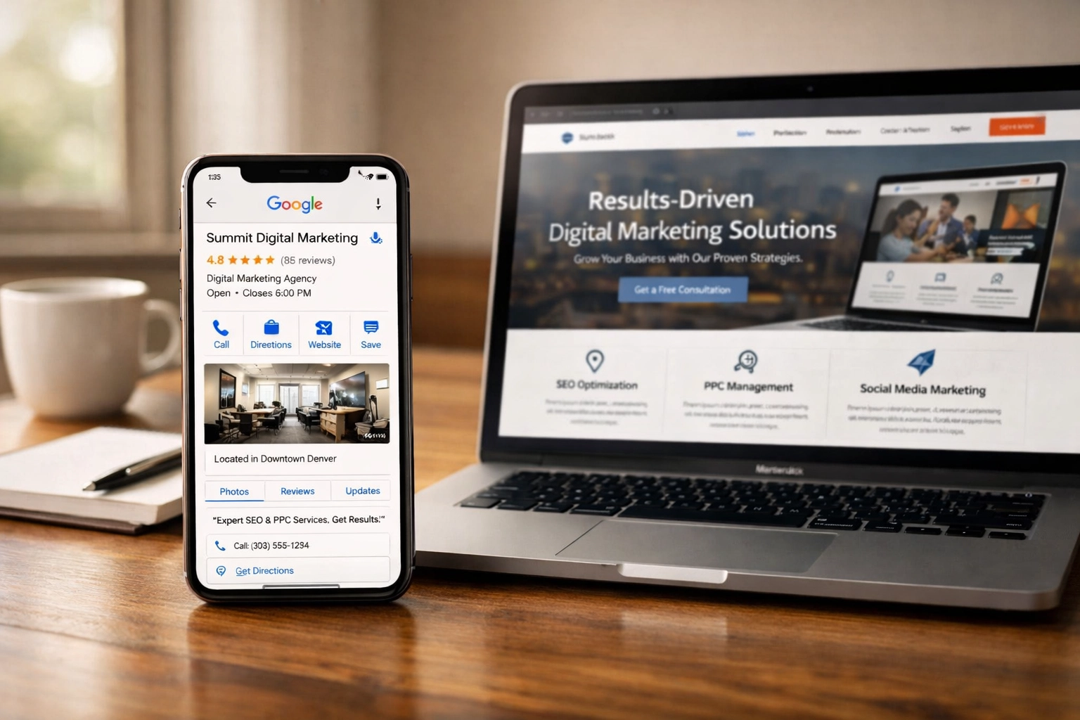 Google Business Profile on smartphone next to business website on laptop showing mobile-first web design