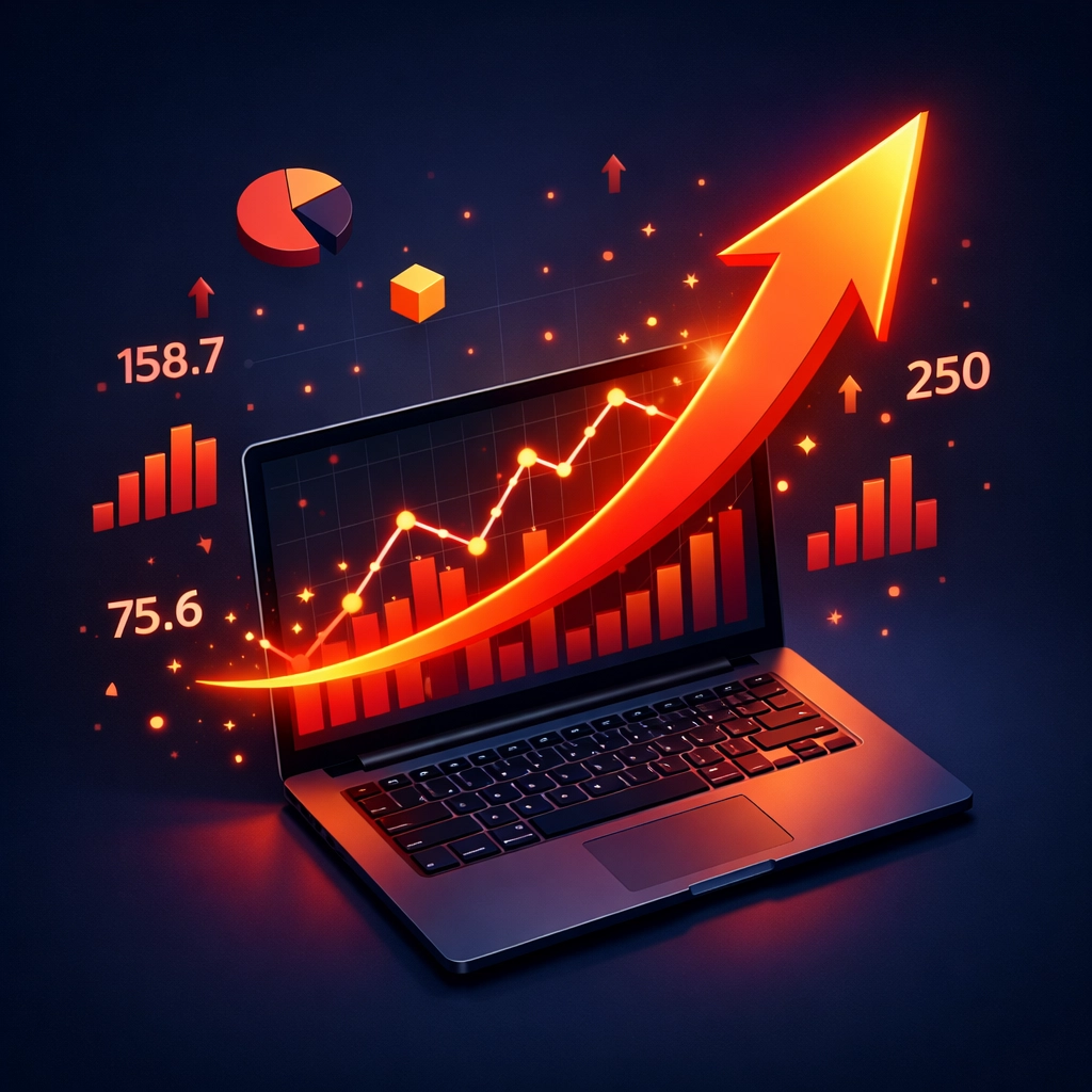 Website redesign ROI calculation showing upward revenue growth from laptop screen