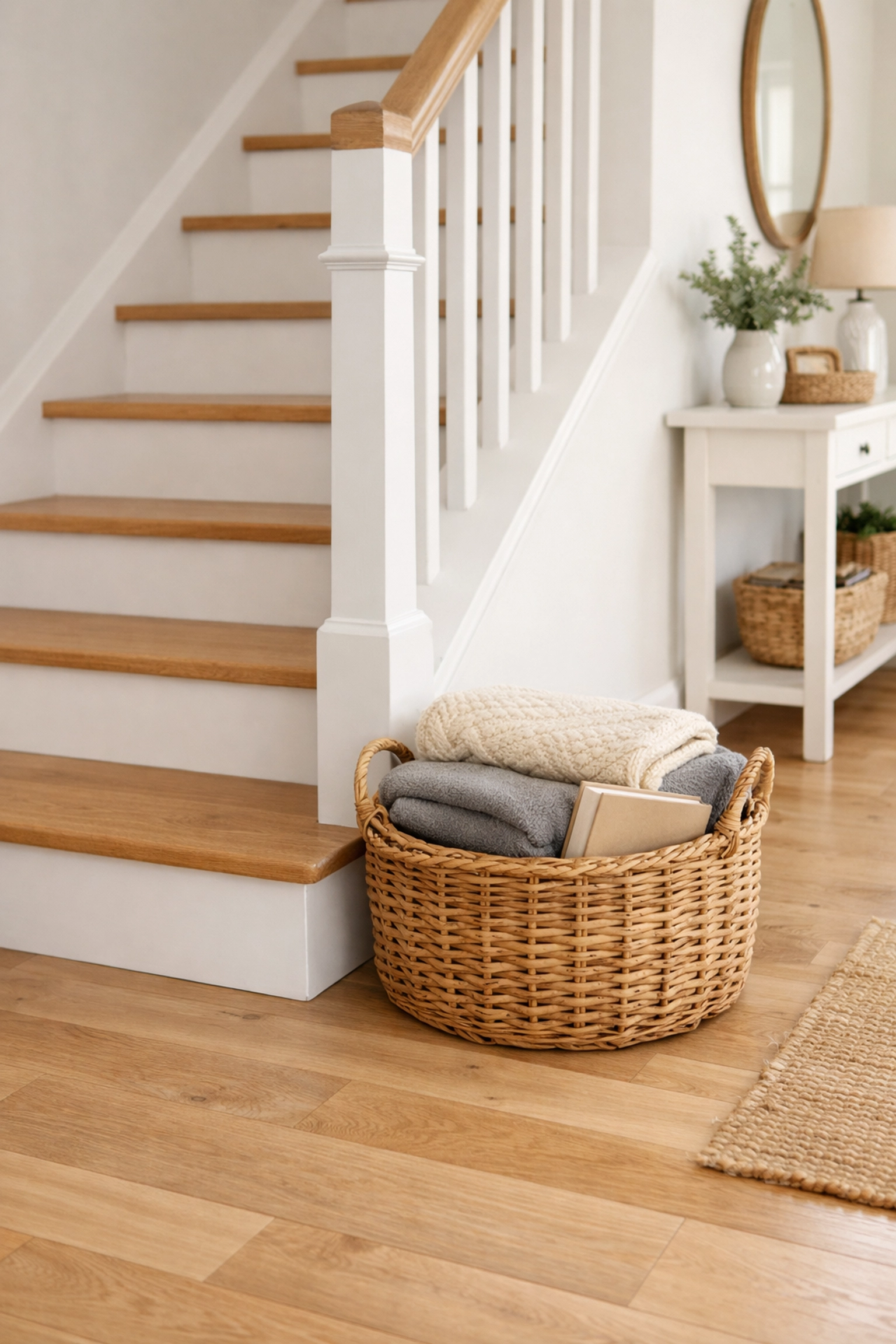 A clear, clutter-free staircase with a storage basket placed safely to the side of the bottom landing.