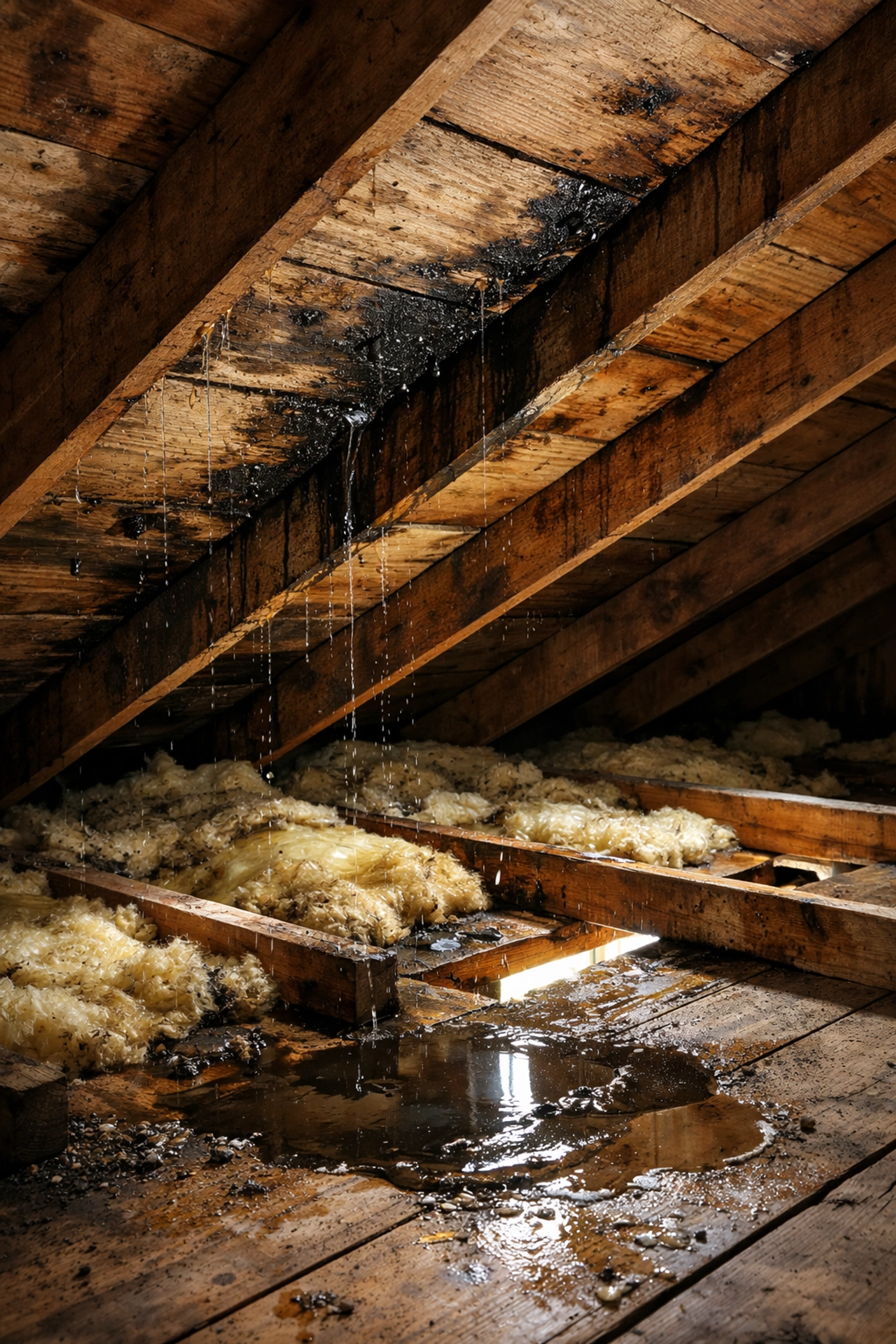 Attic water damage from roof leak showing wet insulation and stained wooden rafters