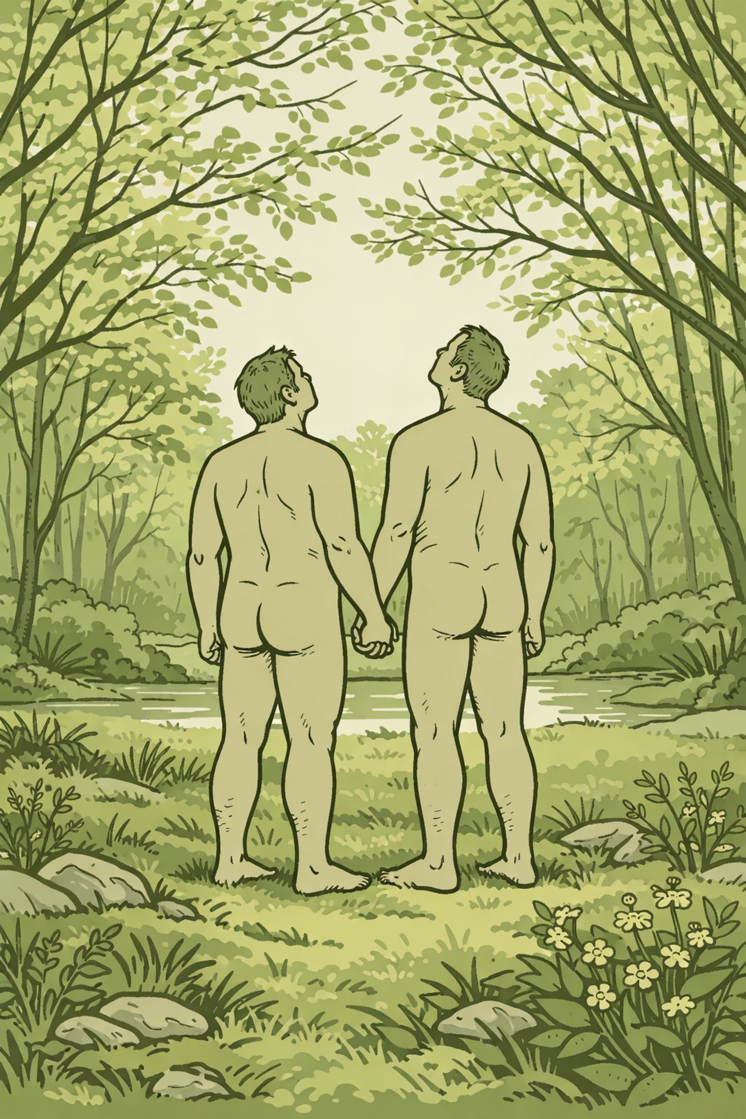 Minimalist illustration of a gay couple in a forest glade reflecting MM romance naturist lifestyle themes.