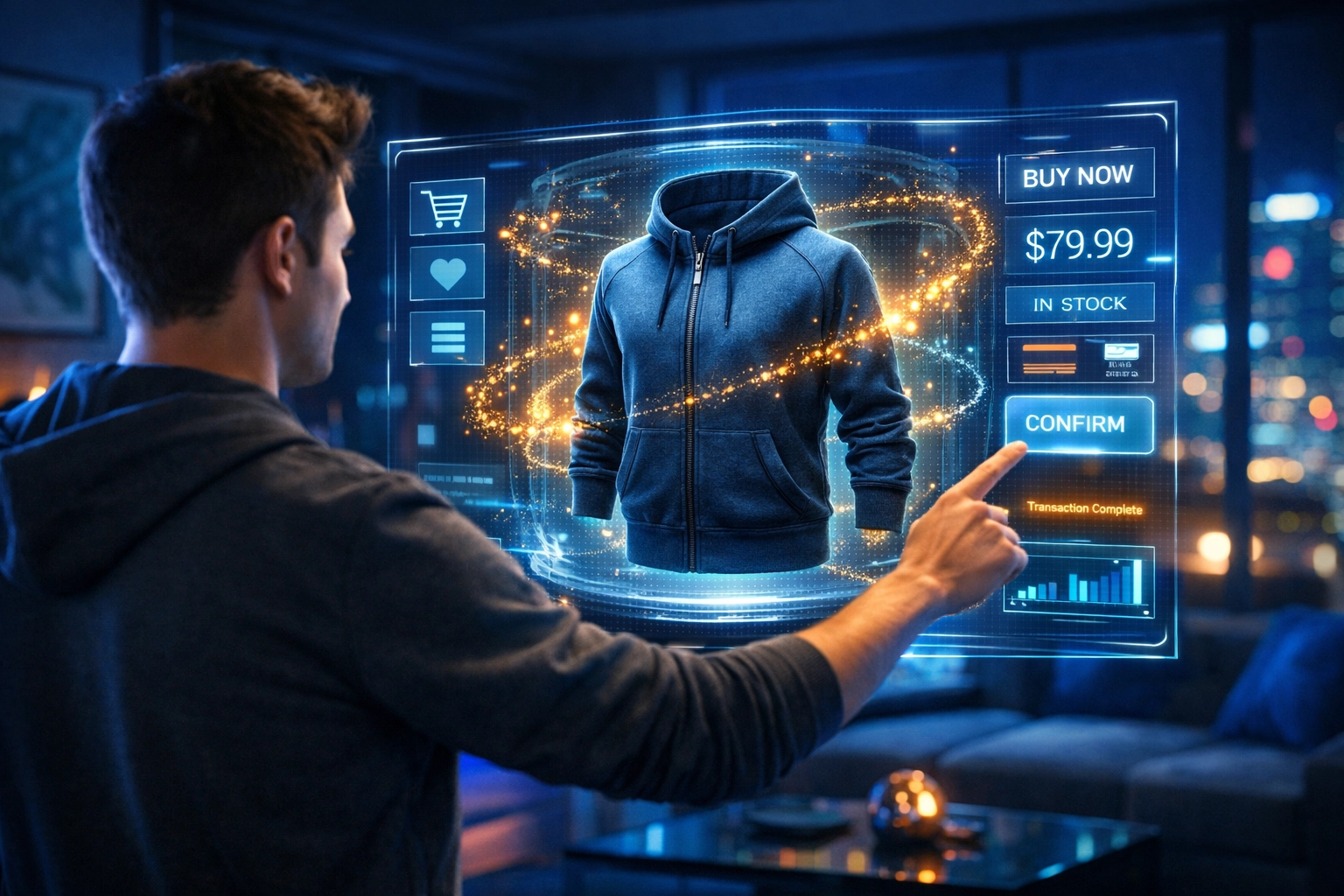 A person using an AI-driven holographic interface to shop for digital goods with Larecoin Web3 payments.