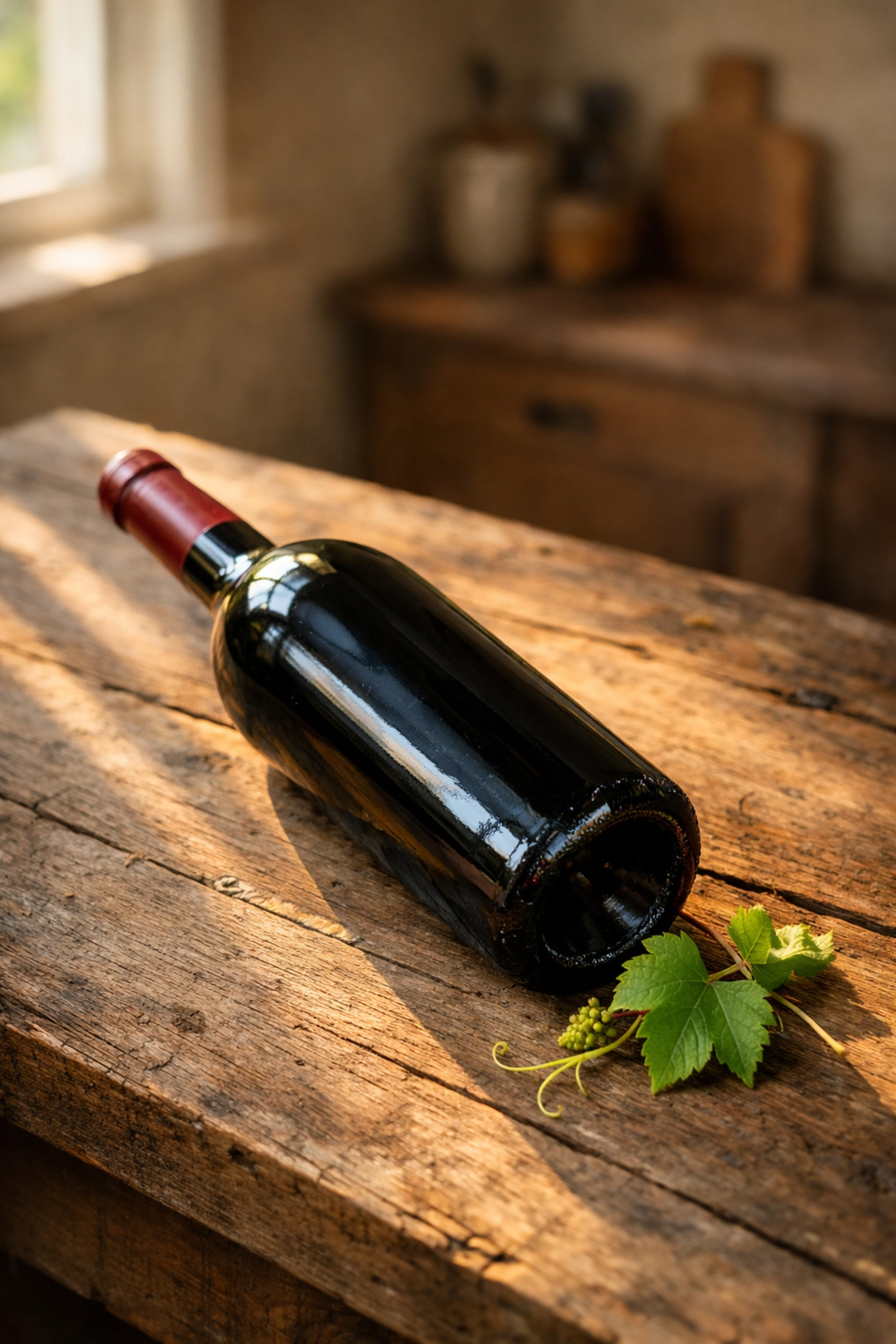 Authentic small-batch wine bottle on a wooden table, representing quality over quantity.