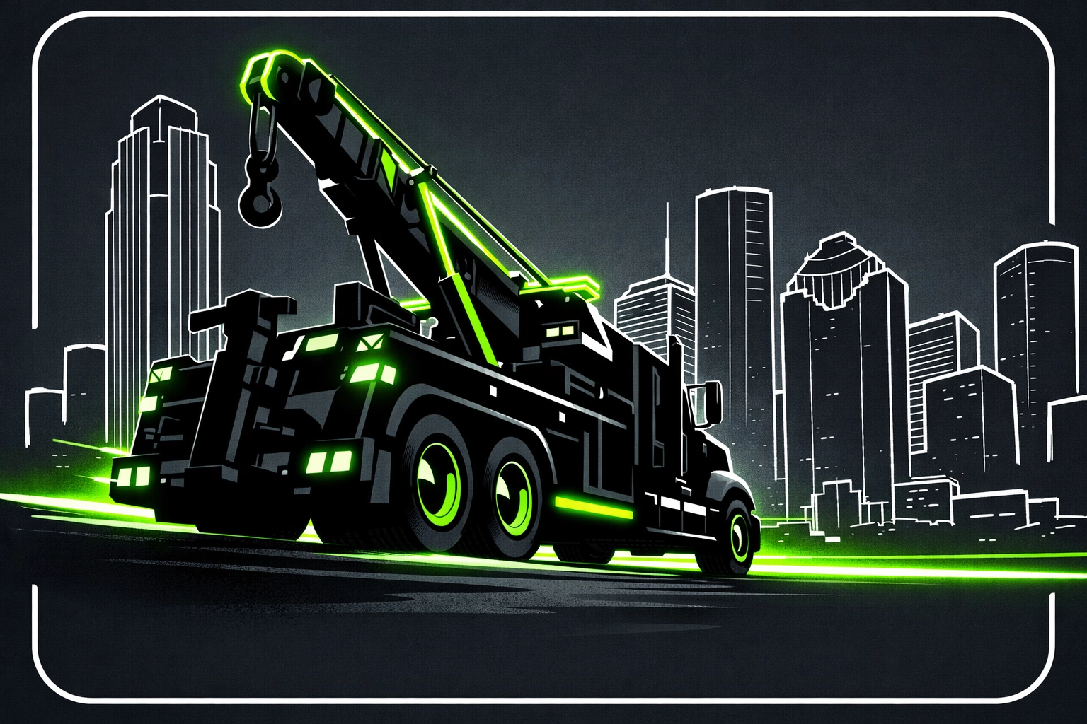 Heavy-duty tow truck silhouette moving through the dark Houston skyline at night.