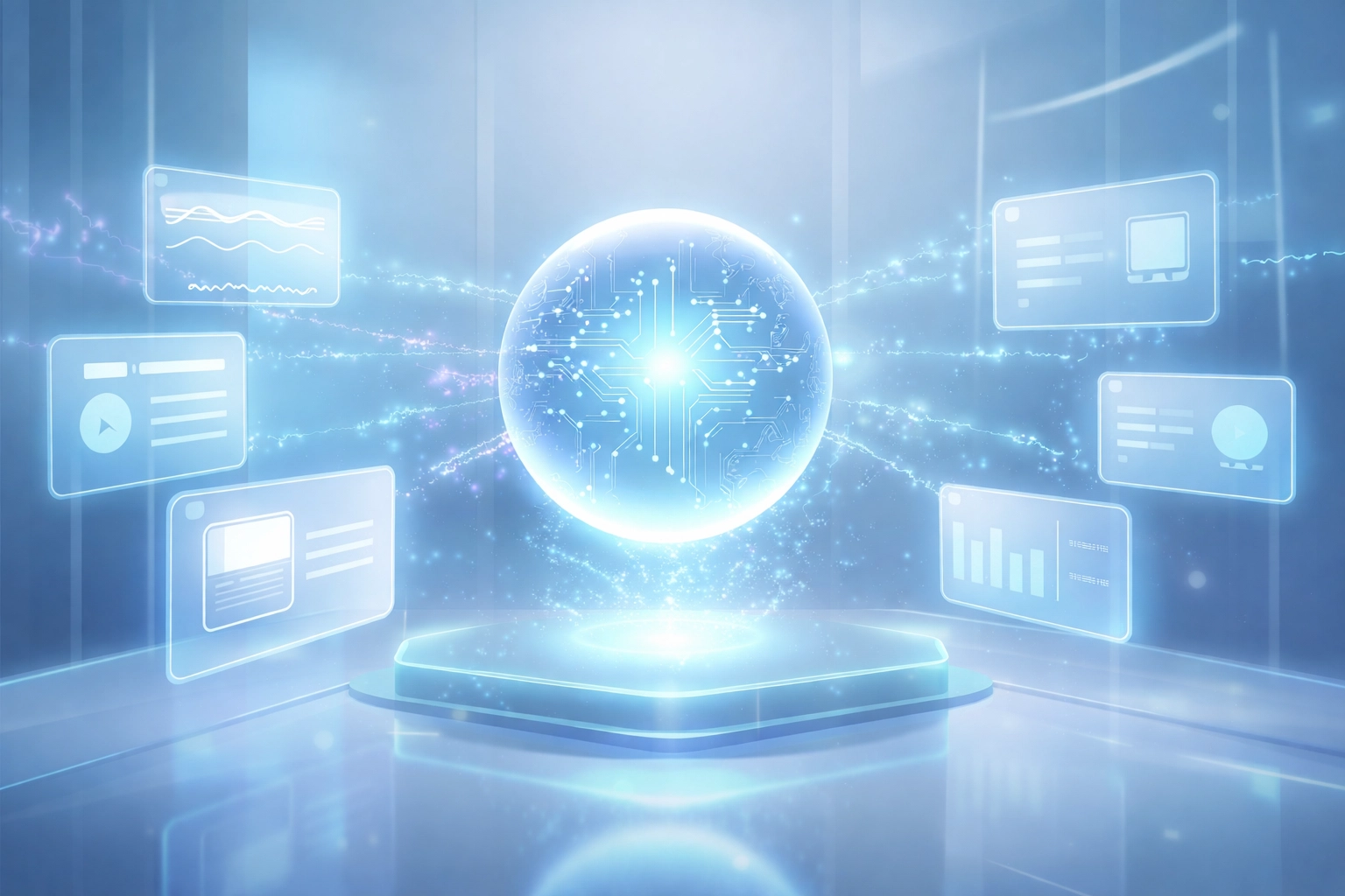 An AI assistant orb surrounded by floating content cards represents the training of AI on saved content ideas for strategy.