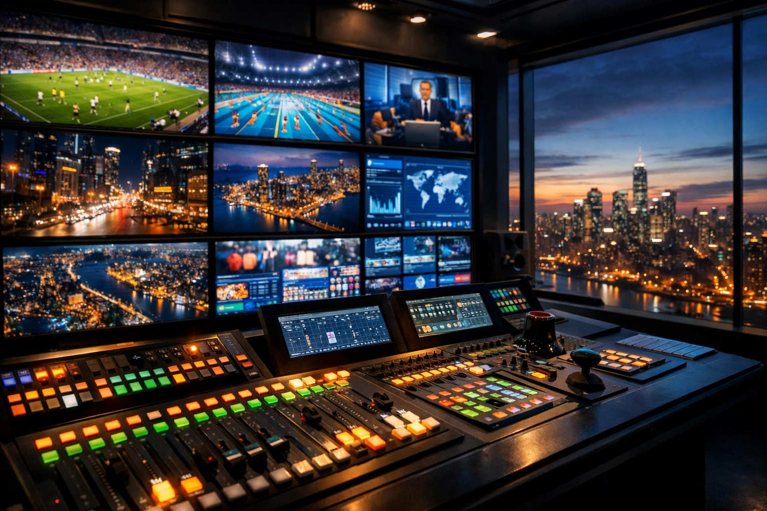 High-tech media control room managing global advertising solutions and international broadcast feeds.