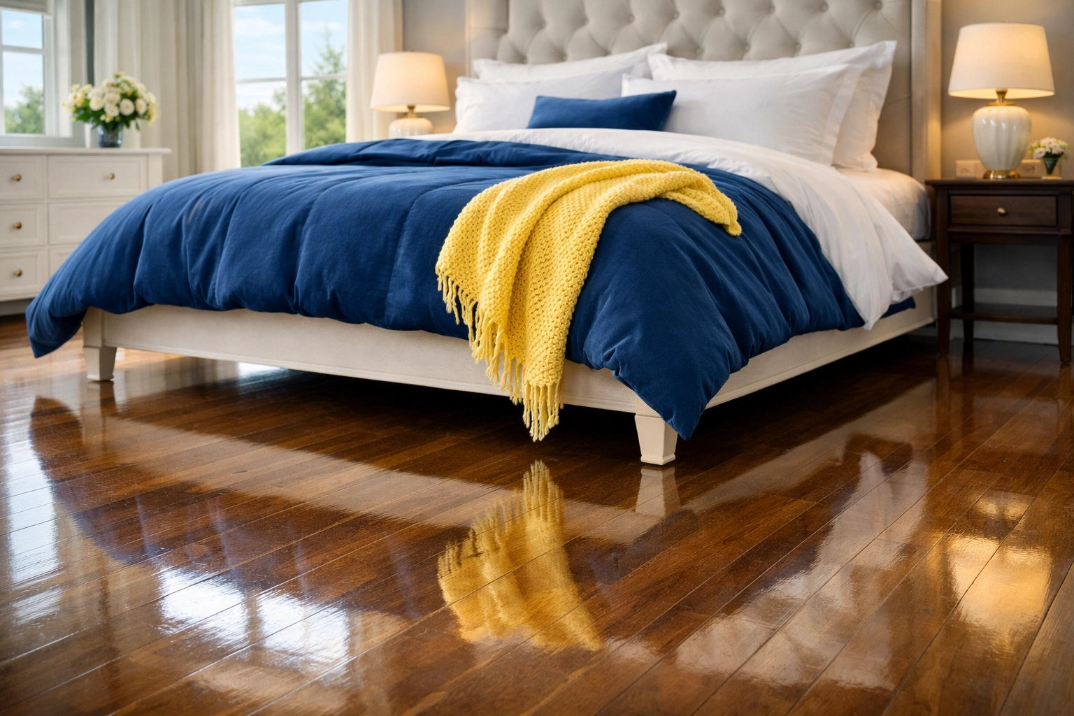 Allergen-free master bedroom with dust-free floors after a thorough deep cleaning Massachusetts service in Wellesley.