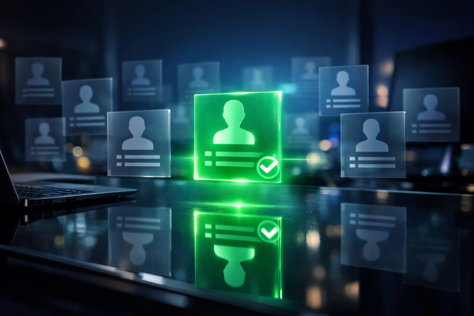 AI-powered recruitment dashboard selecting top candidates for automated hiring and screening.