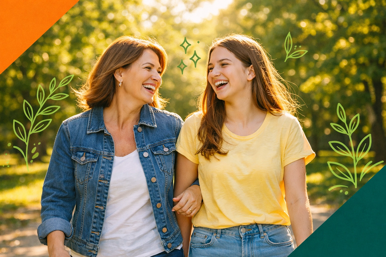 A mother and teenage daughter walking together, building confidence and strong family connections in a park.