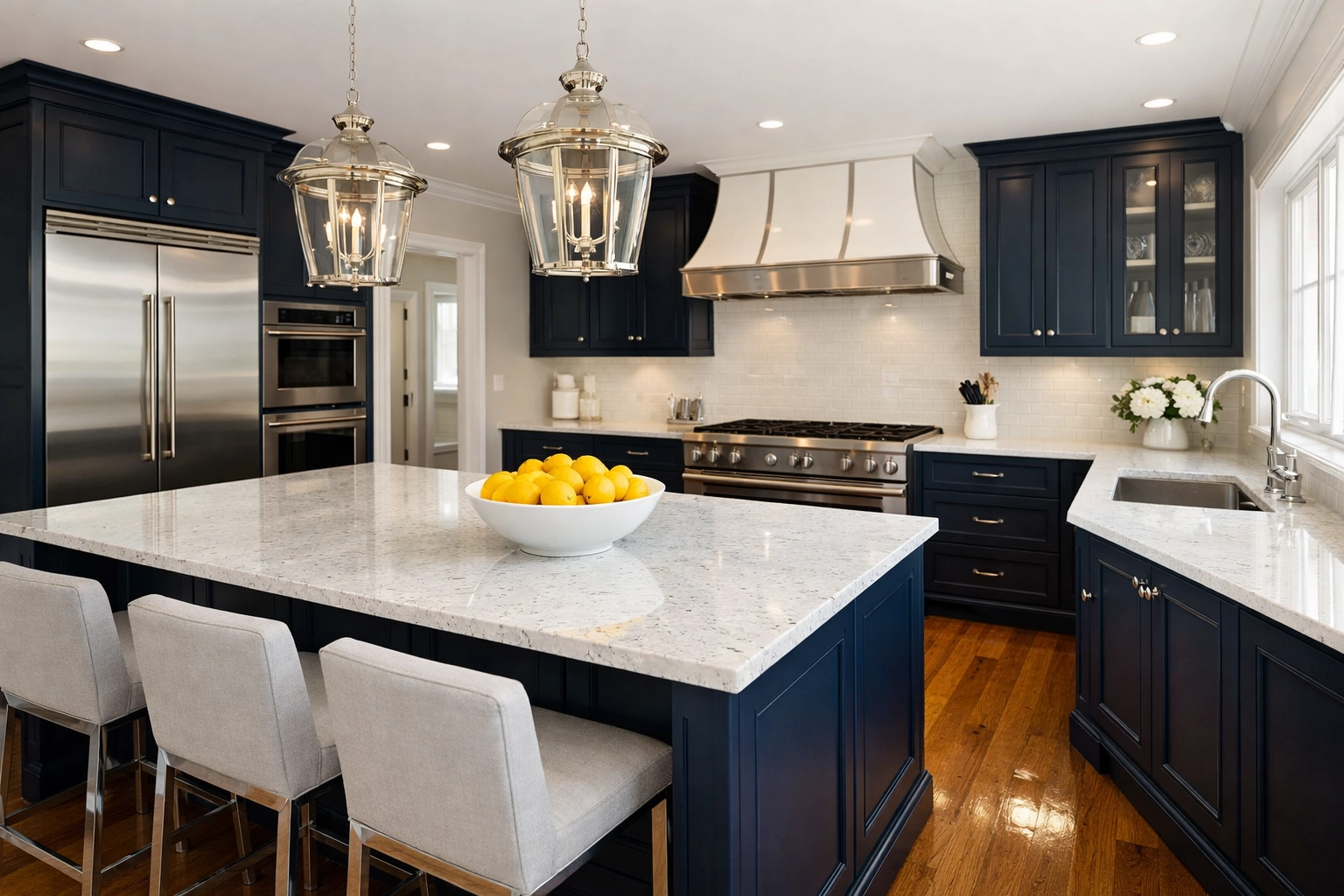 Pristine Shrewsbury kitchen with white granite countertops following professional weekly house cleaning services.