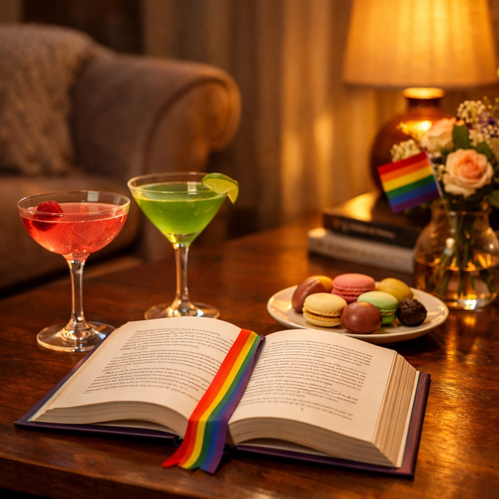 A cozy gay book club setup featuring an open MM romance novel, colorful cocktails, and a subtle pride flag.