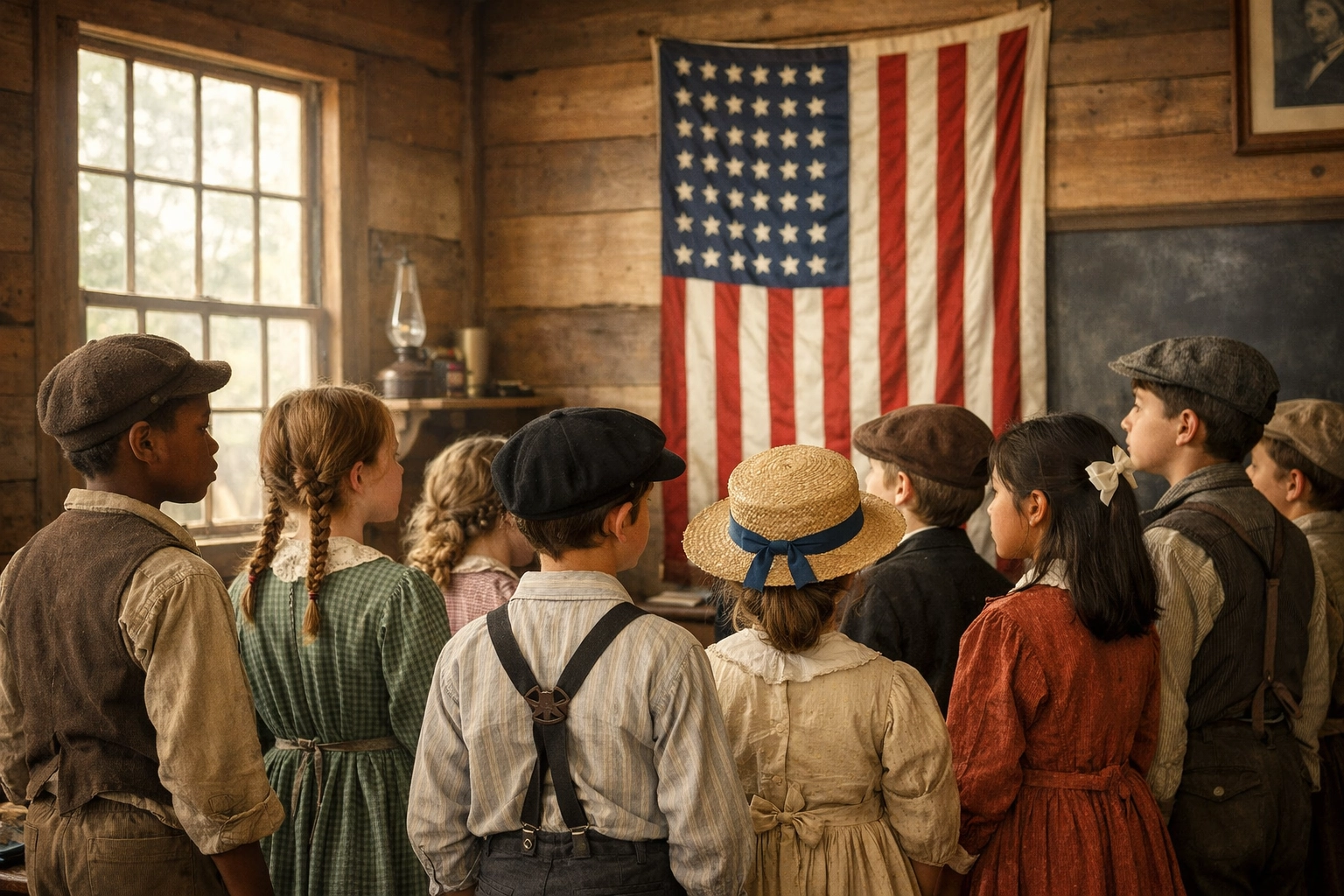 Diverse schoolchildren in an 1892 rustic schoolhouse reciting the original Pledge of Allegiance.