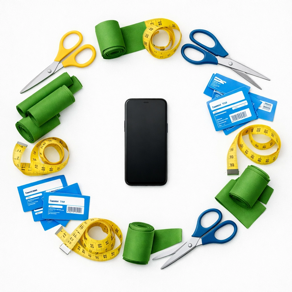 Smartphone and sewing tools illustrating the creative everything trap and scale.