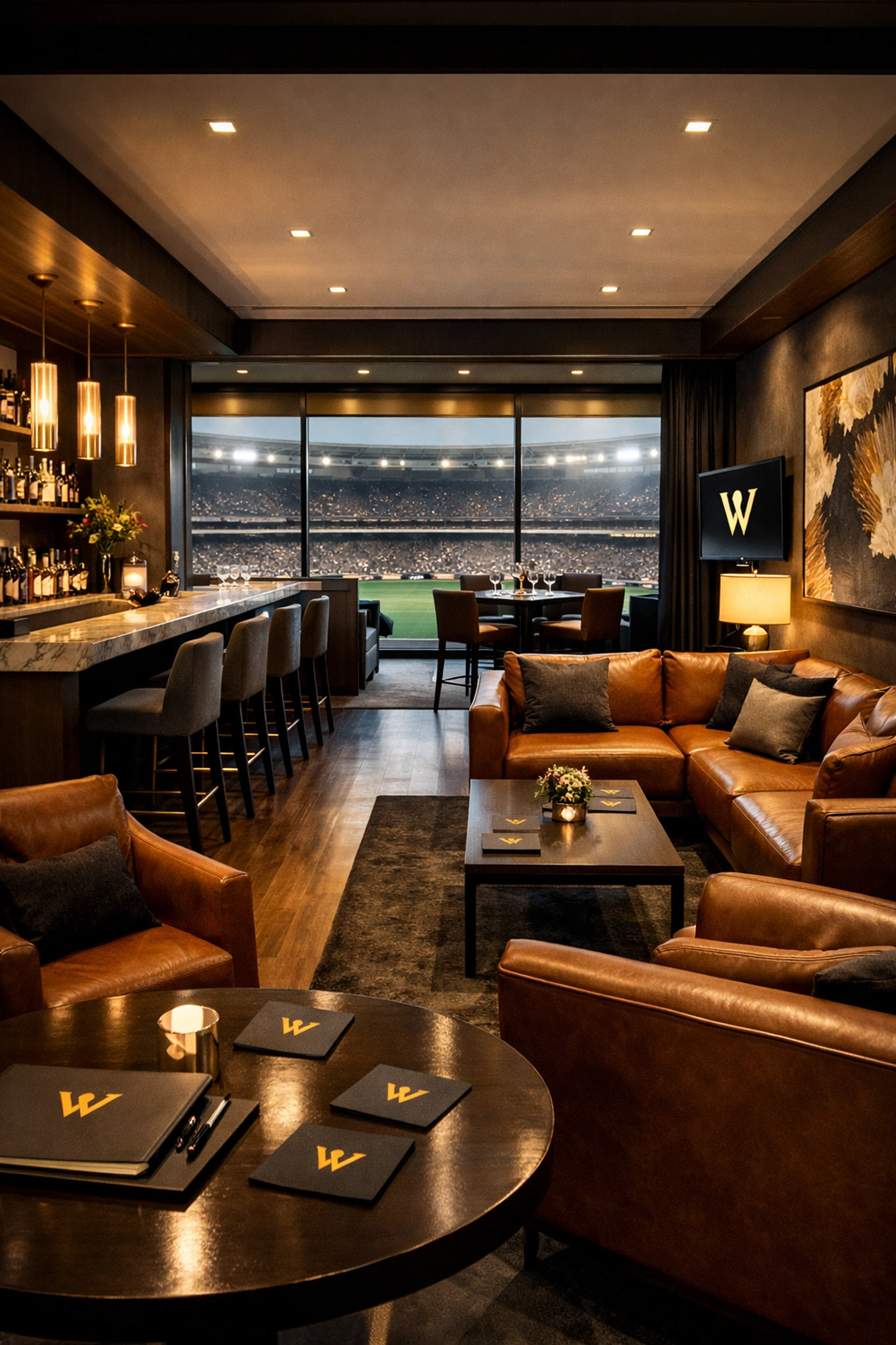Luxury VIP hospitality suite at sports venue with premium seating and stadium views