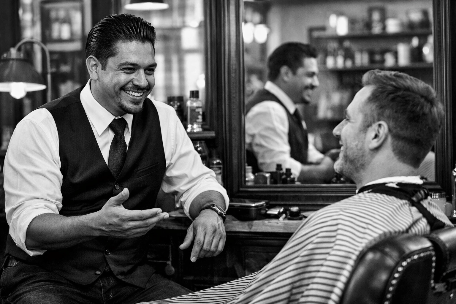 Barber shop professional demonstrating client communication and personality for elite grooming.