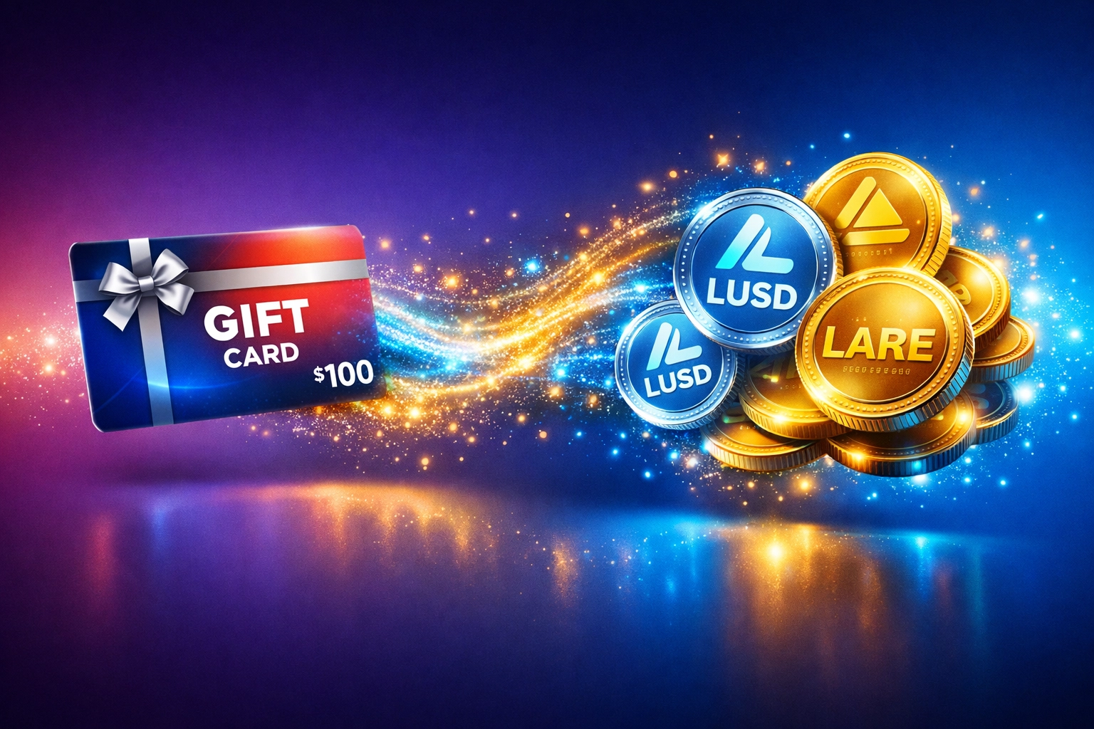 Gift card converting to LUSD stablecoin and LARE crypto tokens for seamless payment acceptance