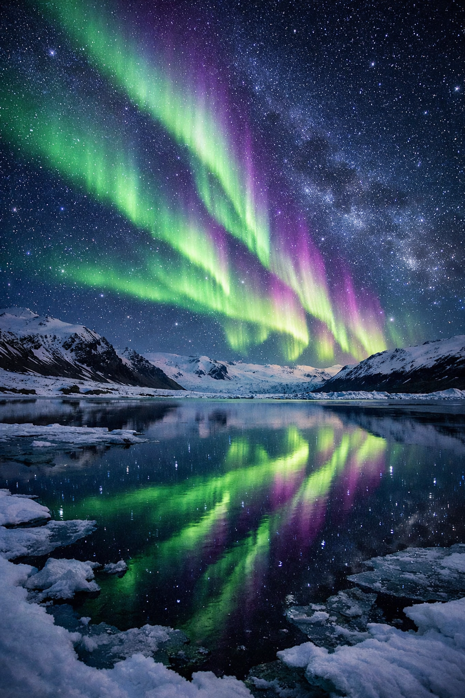 Northern Lights aurora borealis dancing over snowy Iceland landscape with lake reflection at night