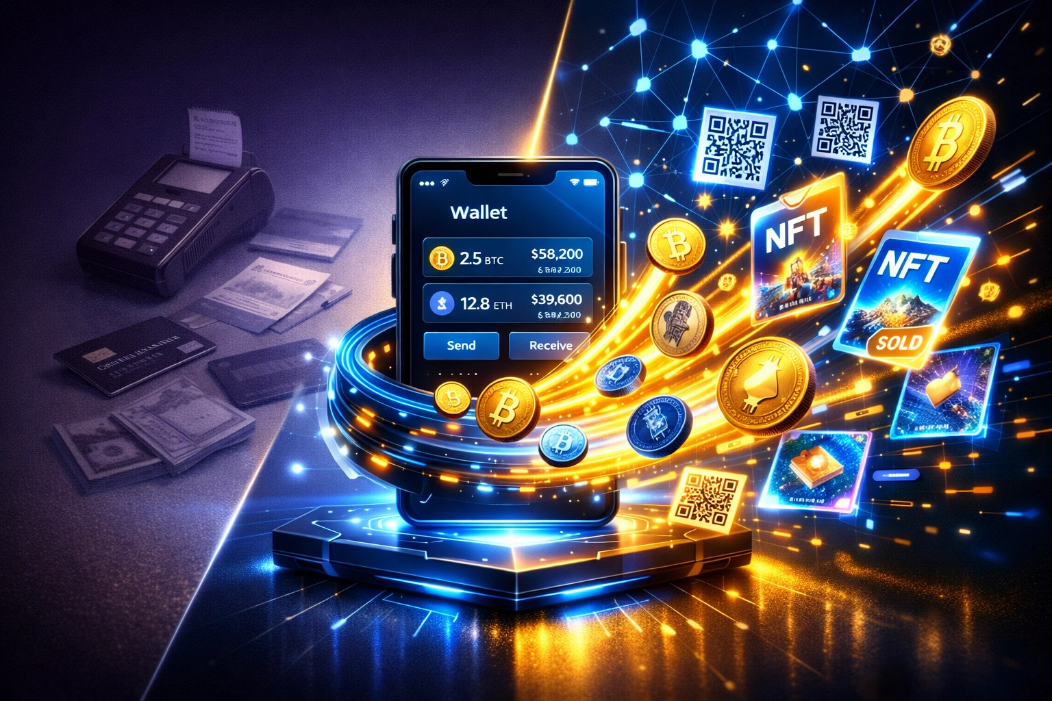 Cryptocurrency wallet showing NFT receipts and blockchain payment processing with QR codes