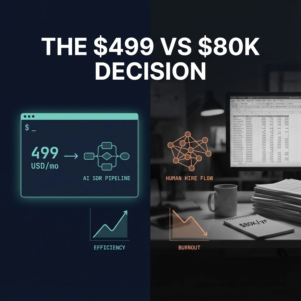 AI SDR cost comparison dashboard showing monthly expenses versus human SDR hiring costs for startup founders