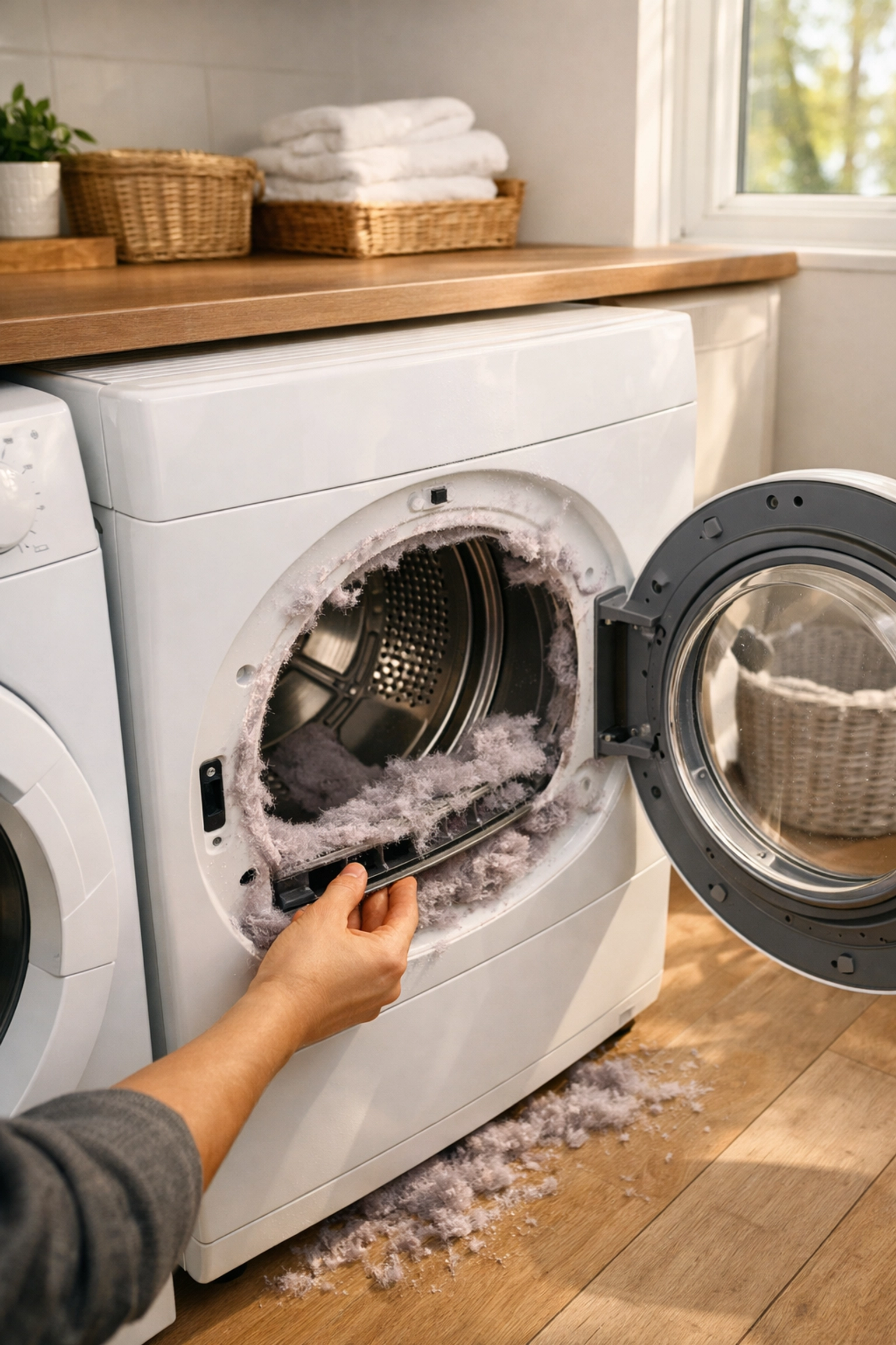 Homeowner cleaning dryer lint trap in modern laundry room