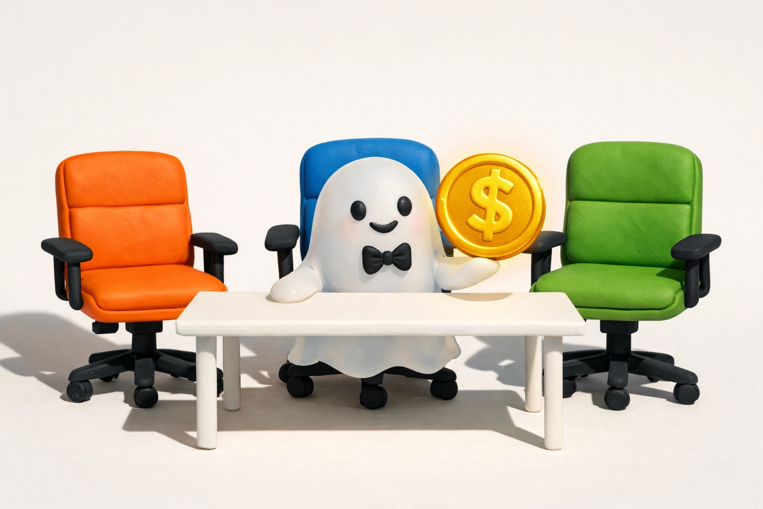 An invisible AI agent at an office desk representing ghost workers and background agentic outcomes.