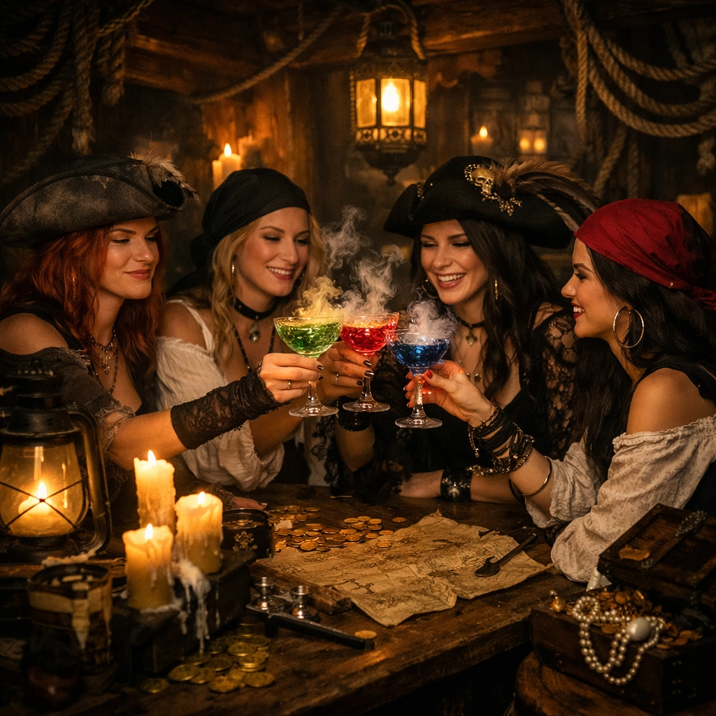 Women enjoying cocktails on a pirate ship during an immersive London hen do experience.