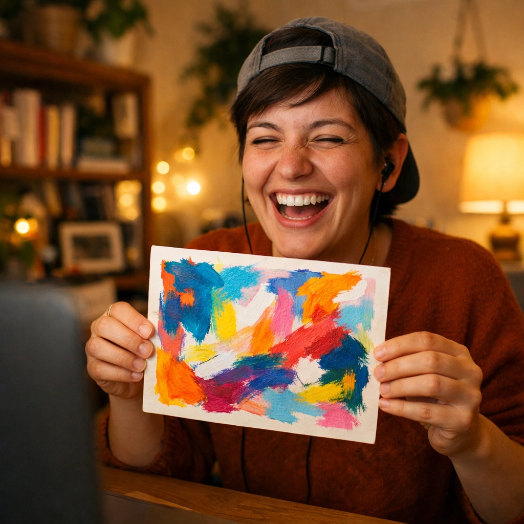 A remote employee smiling and sharing their artwork during a guided team connection exercise.