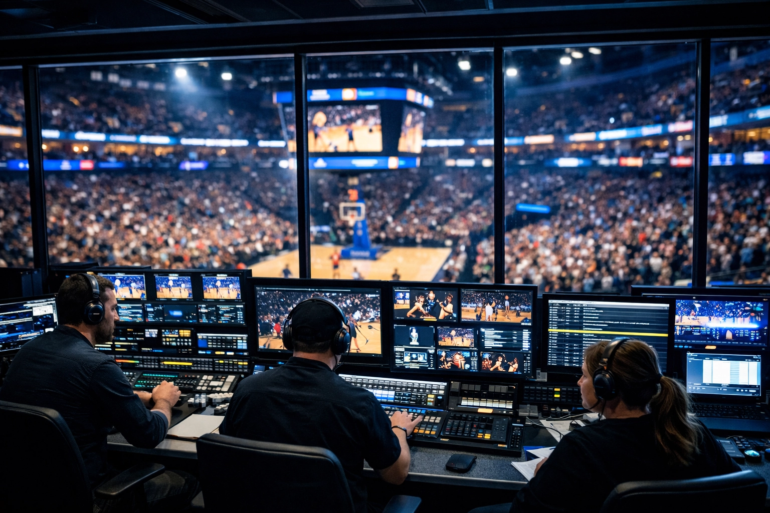 Dakdan Worldwide production team managing a high-scale sports event from a state-of-the-art control room.