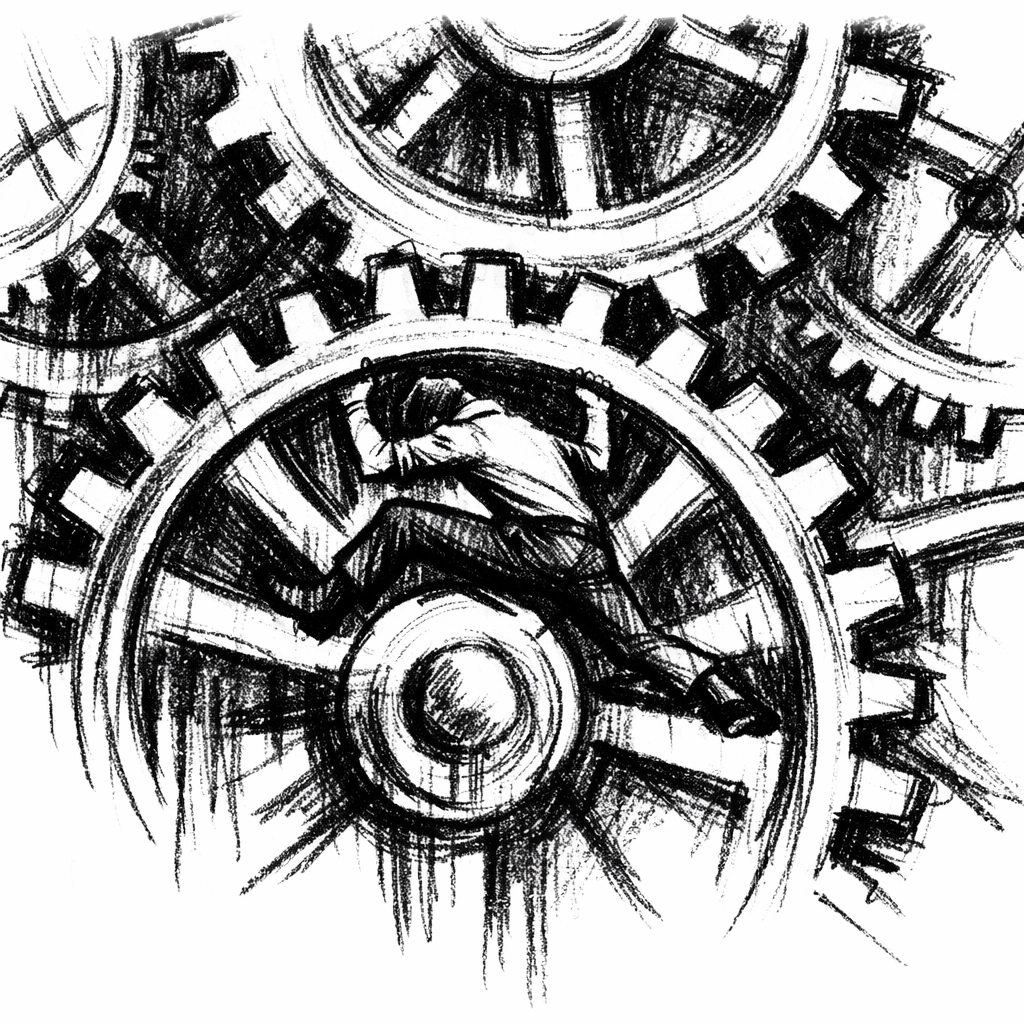 Sketch of an owner manually turning business gears, symbolizing the risk and cost of owner-dependence.