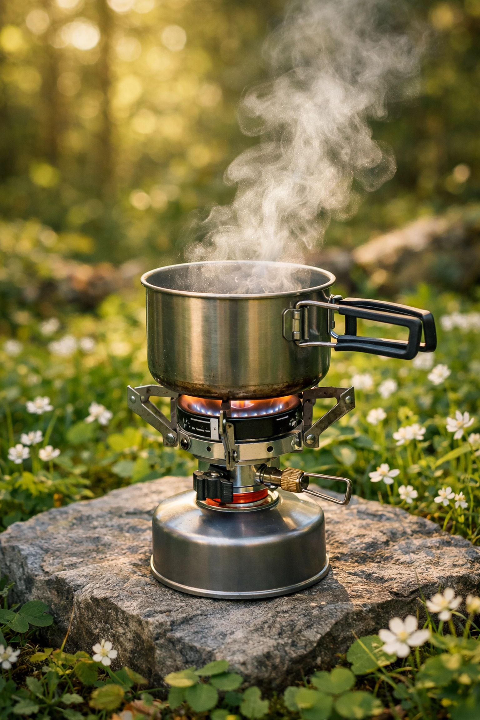 A compact camping stove cooking a meal in a woodland setting during a wild camping guided UK outdoor adventure.
