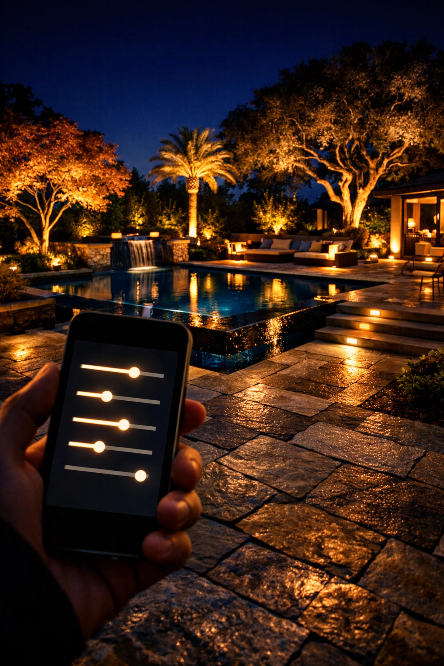 Smartphone app controlling multi-zone landscape lighting in a luxury backyard for energy efficiency and style.